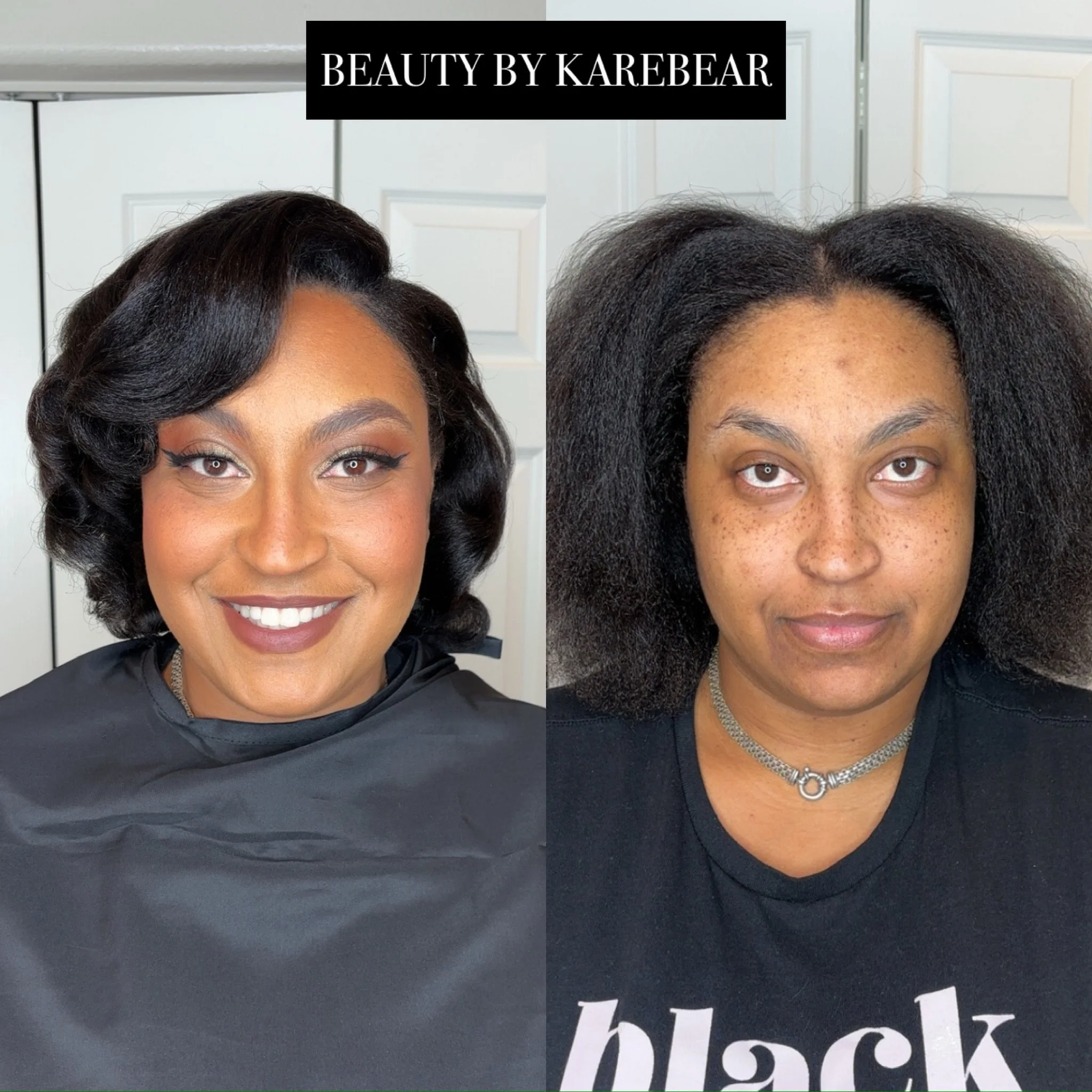 Side-by-side comparison of a woman's face before and after a hair transformation, with the words 'BEAUTY BY KAREBEAR' at the top.
