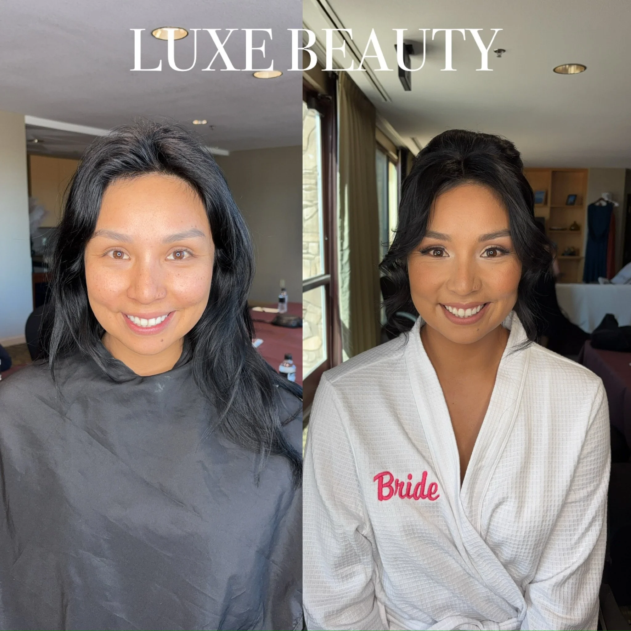 Side-by-side images of a woman before and after makeup. On the left, she has no makeup, and on the right, she is wearing makeup and a white robe with pink embroidery that says "Bride." The caption reads "LUXE BEAUTY."