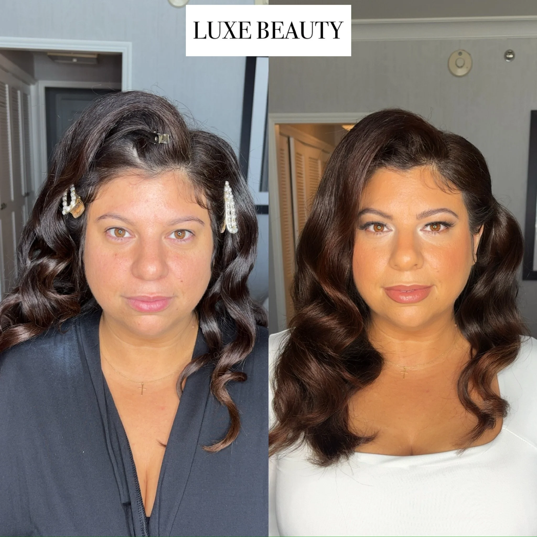 Side-by-side comparison of a woman before and after makeup and hair styling, with the label 'LUXE BEAUTY' at the top.