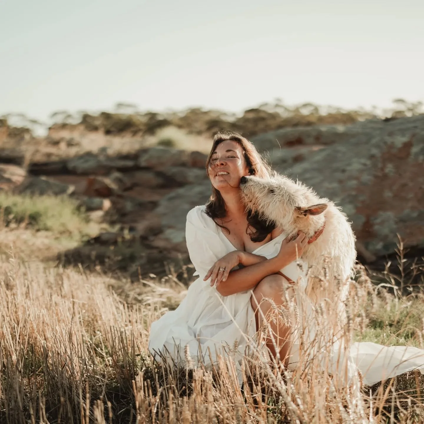 (Selfies with 3 children and a giant dog, in the paddock is tricky. I got 95% bloopers 🤣 scroll for your morning giggle.)

This is me &amp; my wolfy in my happy place - on farm, children laughing behind me, hubby not too far away and my camera just 