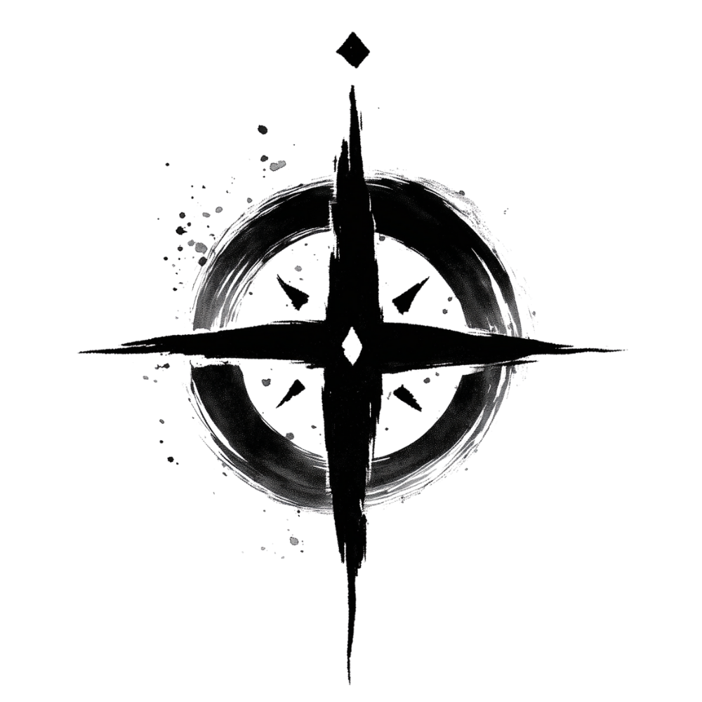 A black and white artistic depiction of a compass rose, with a circular background and ink splatter effects.