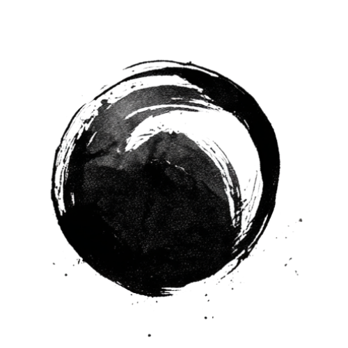 Black ink brush stroke in a circular shape on a white background.