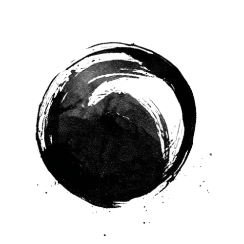 Black and white abstract circular ink brushstroke on a black background with some colored pixels at the bottom right.