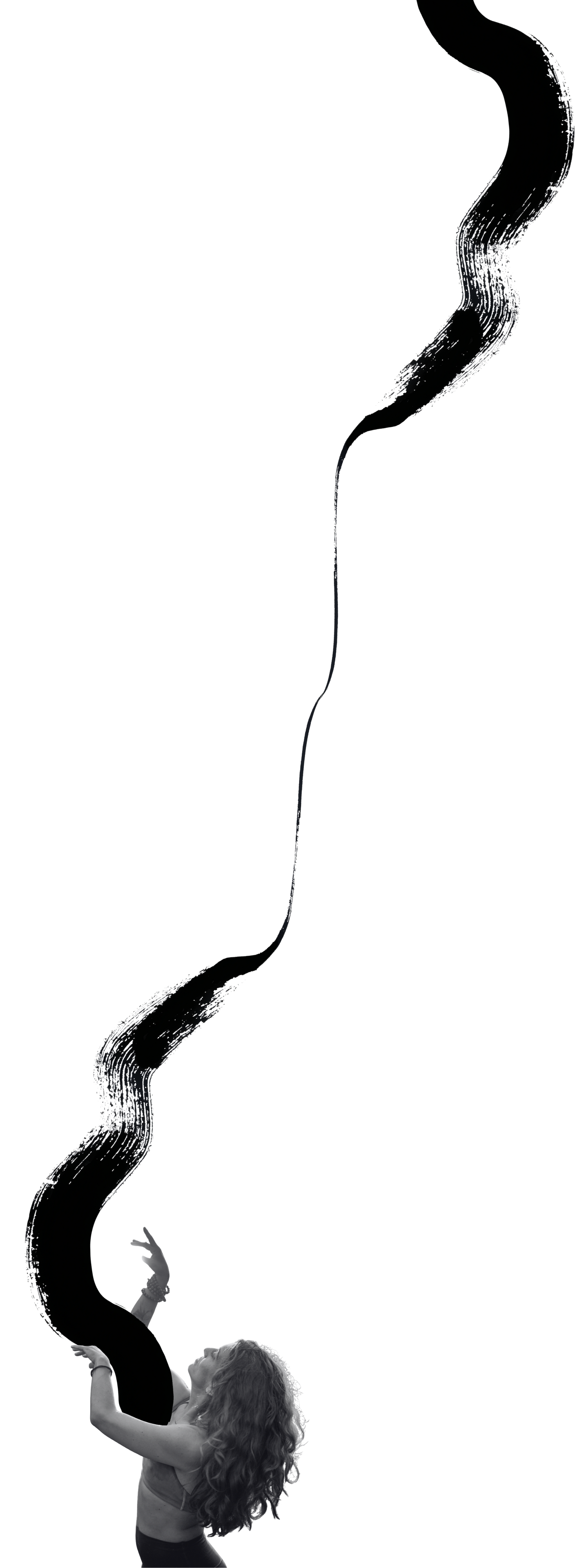 A woman with long curly hair is standing with her back to the camera, reaching upwards with her arms to touch or hold onto a large, wavy, black and white illustrative line that extends vertically through the image.