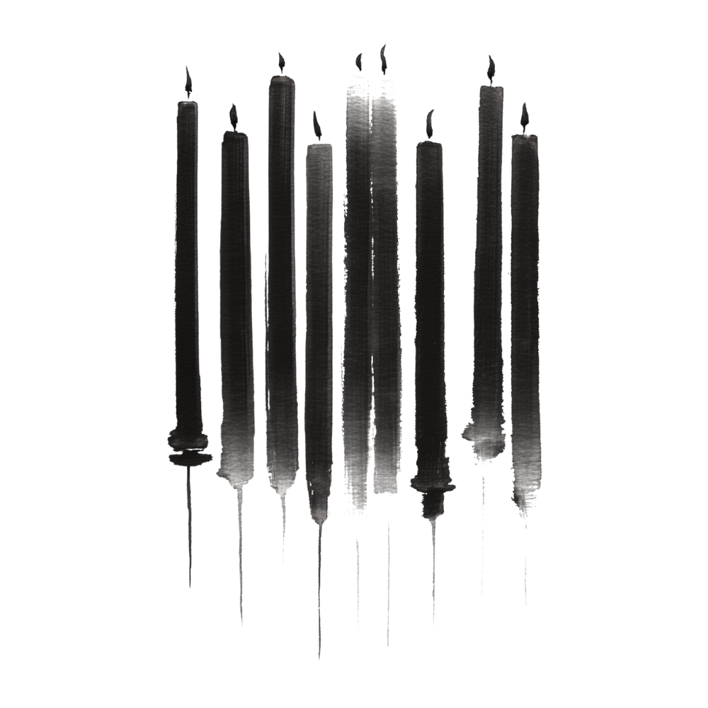 A group of black and white candles with flames, arranged vertically.