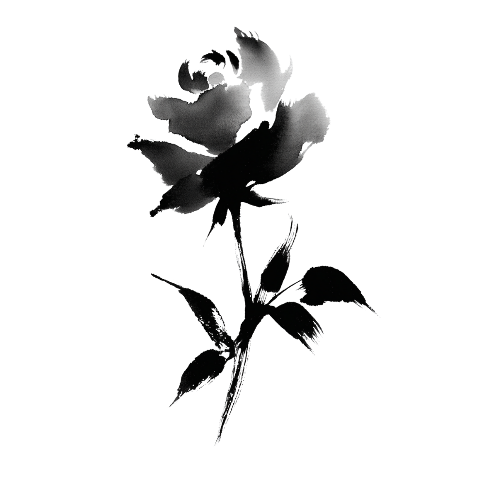 Black and white watercolor-style silhouette of a rose with leaves