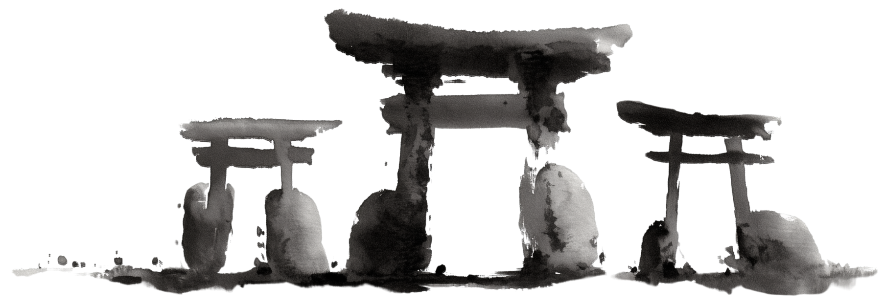 Watercolor painting of a traditional Japanese torii gate with three wooden gates and stones at the base, black and gray tones with yellow background.