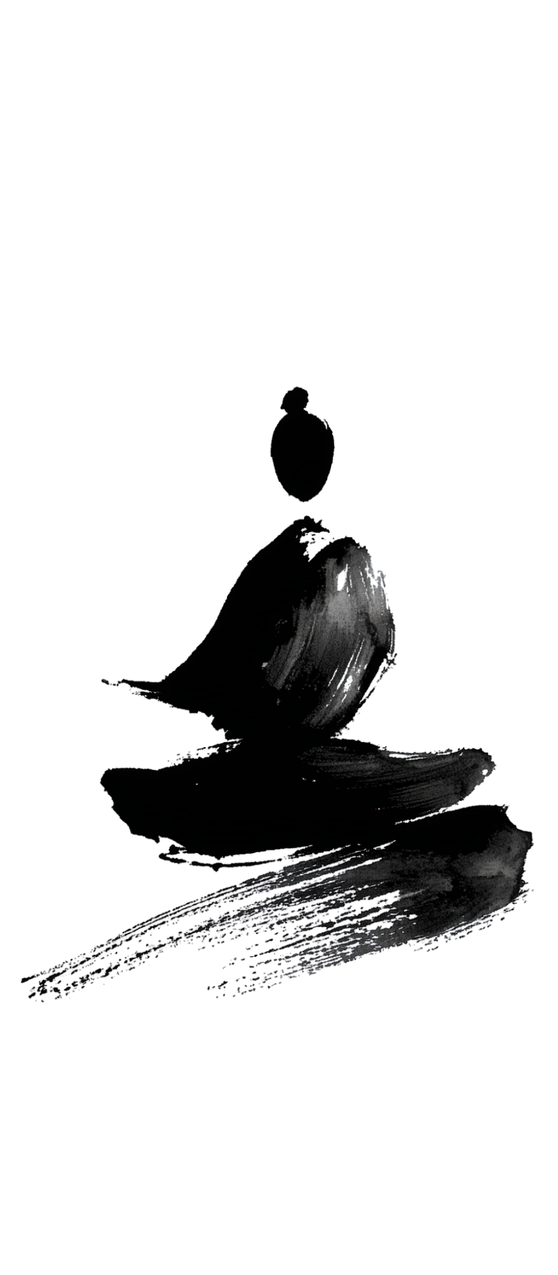 An abstract black and white painting of a woman sitting with her legs crossed, with a large, rounded shape resembling a shell or abstract head in front of her, and brush strokes creating a textured background.