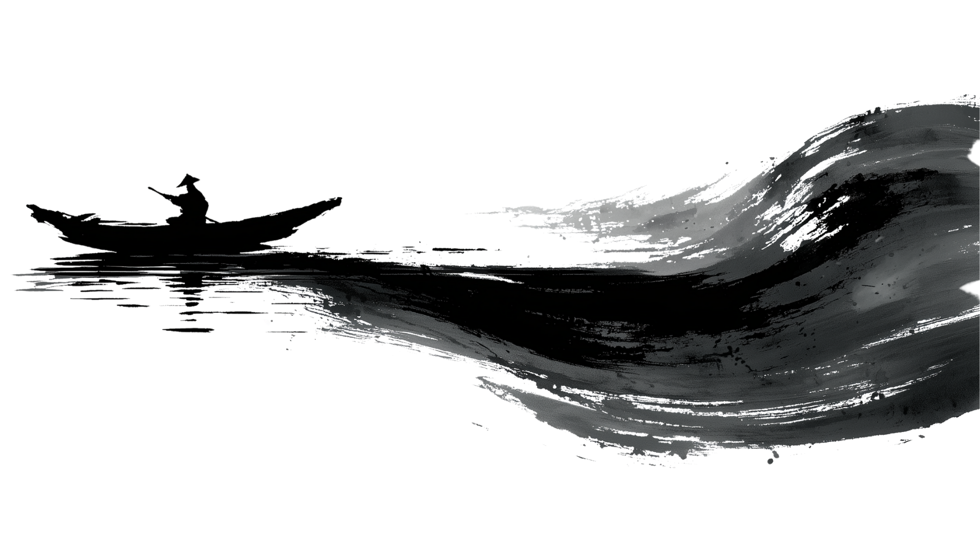 Silhouette of a person in a canoe paddling through stylized black and gray water waves.