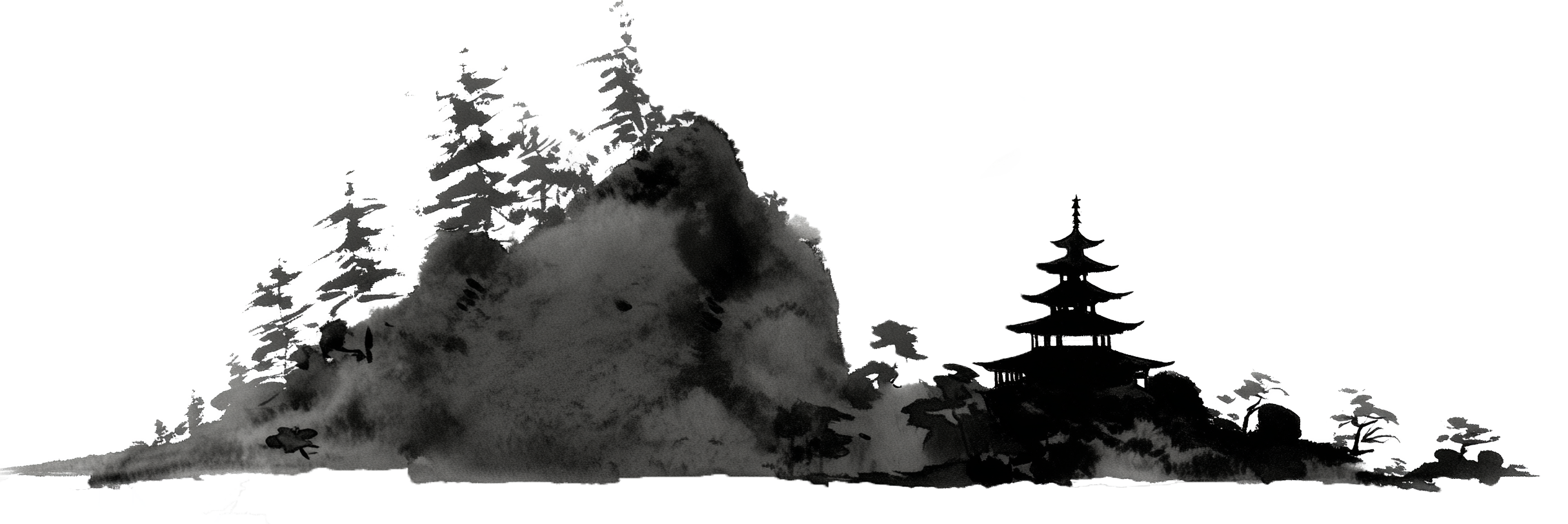 Black and white watercolor landscape of a Japanese mountain scene with a pagoda on the right and pine trees, with artistic brushstrokes for clouds and foliage.