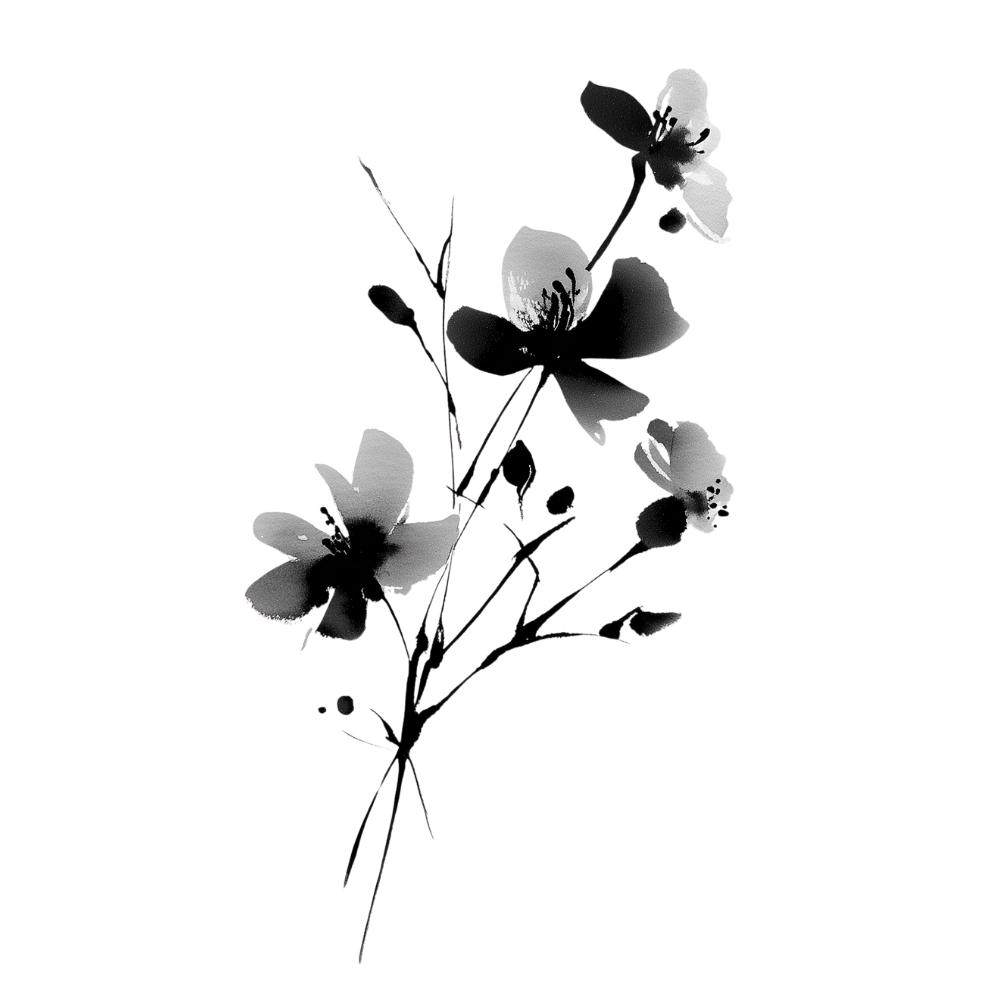 Black and white floral illustration with three flowers and multiple buds on stems.