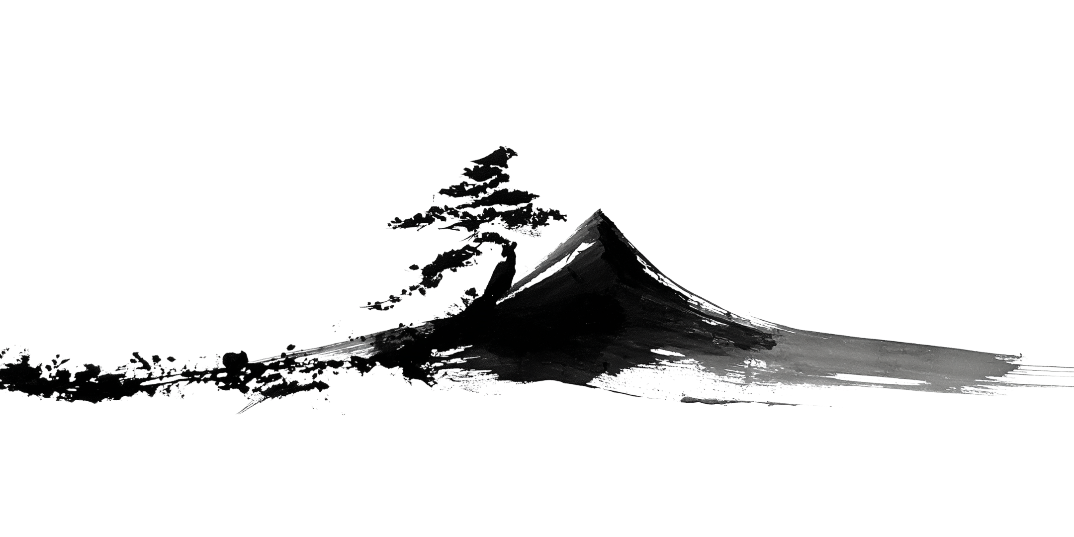 Black and white illustration of Mount Fuji with a pine tree on the left side.