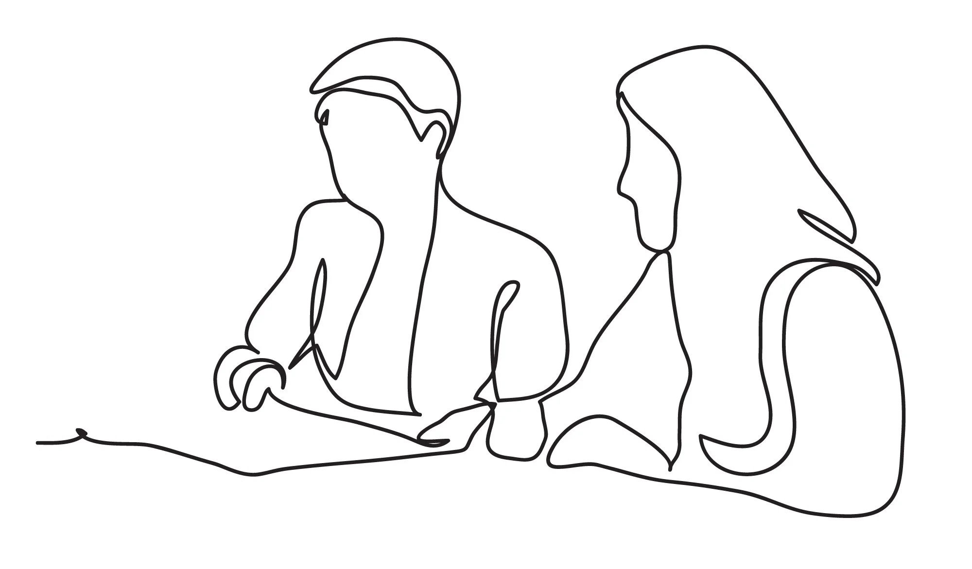 Line drawing of two people sitting at a table, engaged in discussion
