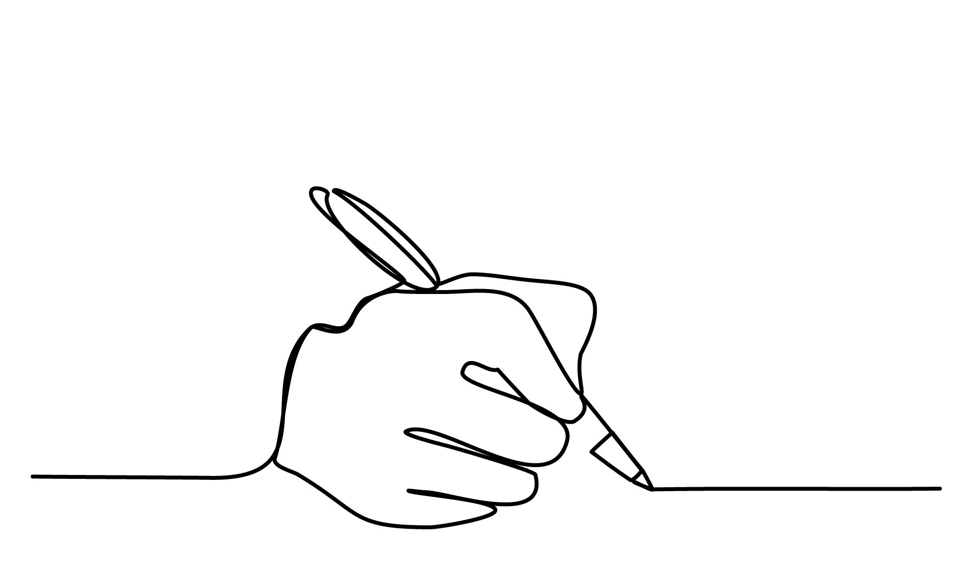 Line drawing of a hand holding a pen and writing on a flat surface.