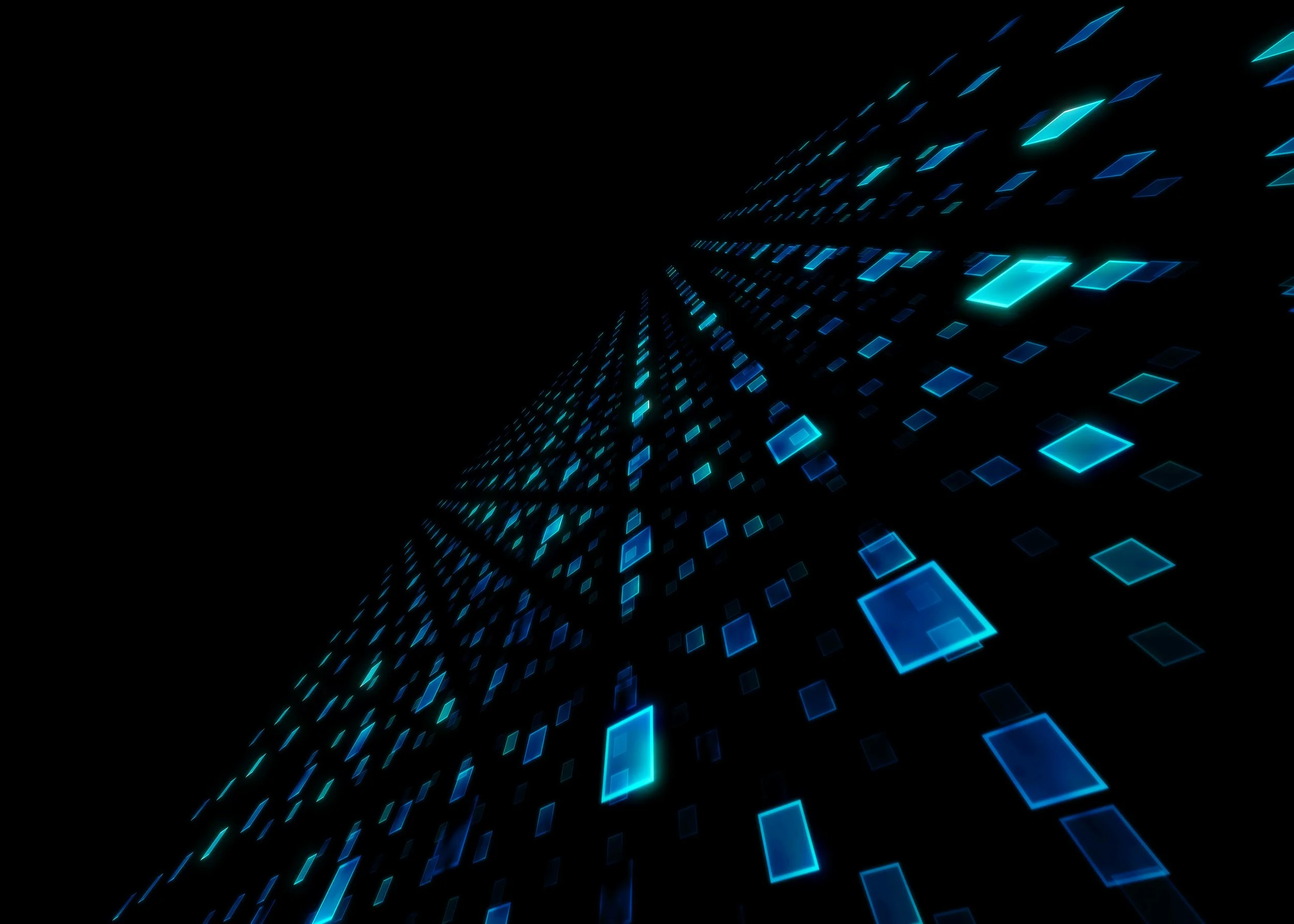 A digital abstract background with glowing blue and cyan squares and lines on a black background, creating a futuristic, tunnel-like effect.