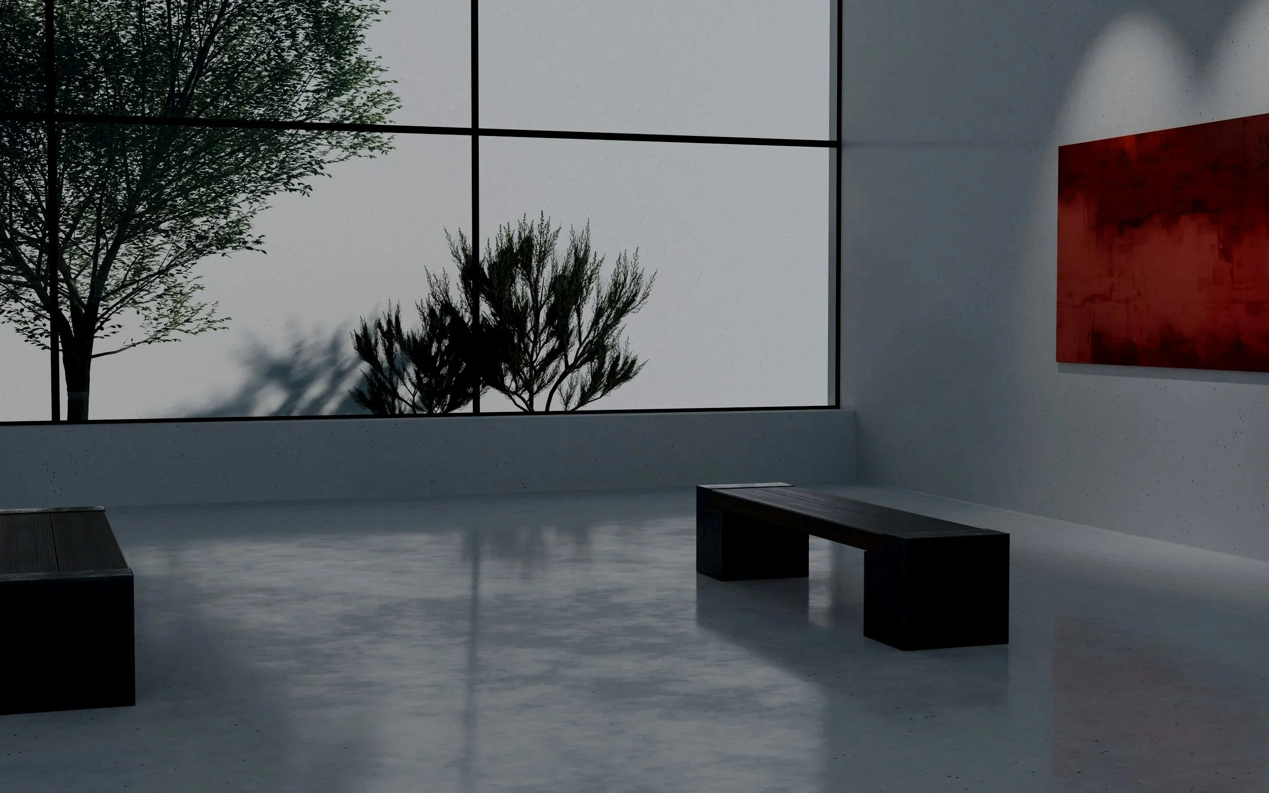Modern art gallery interior with large window showing trees outside, a red painting on the wall, and black benches.