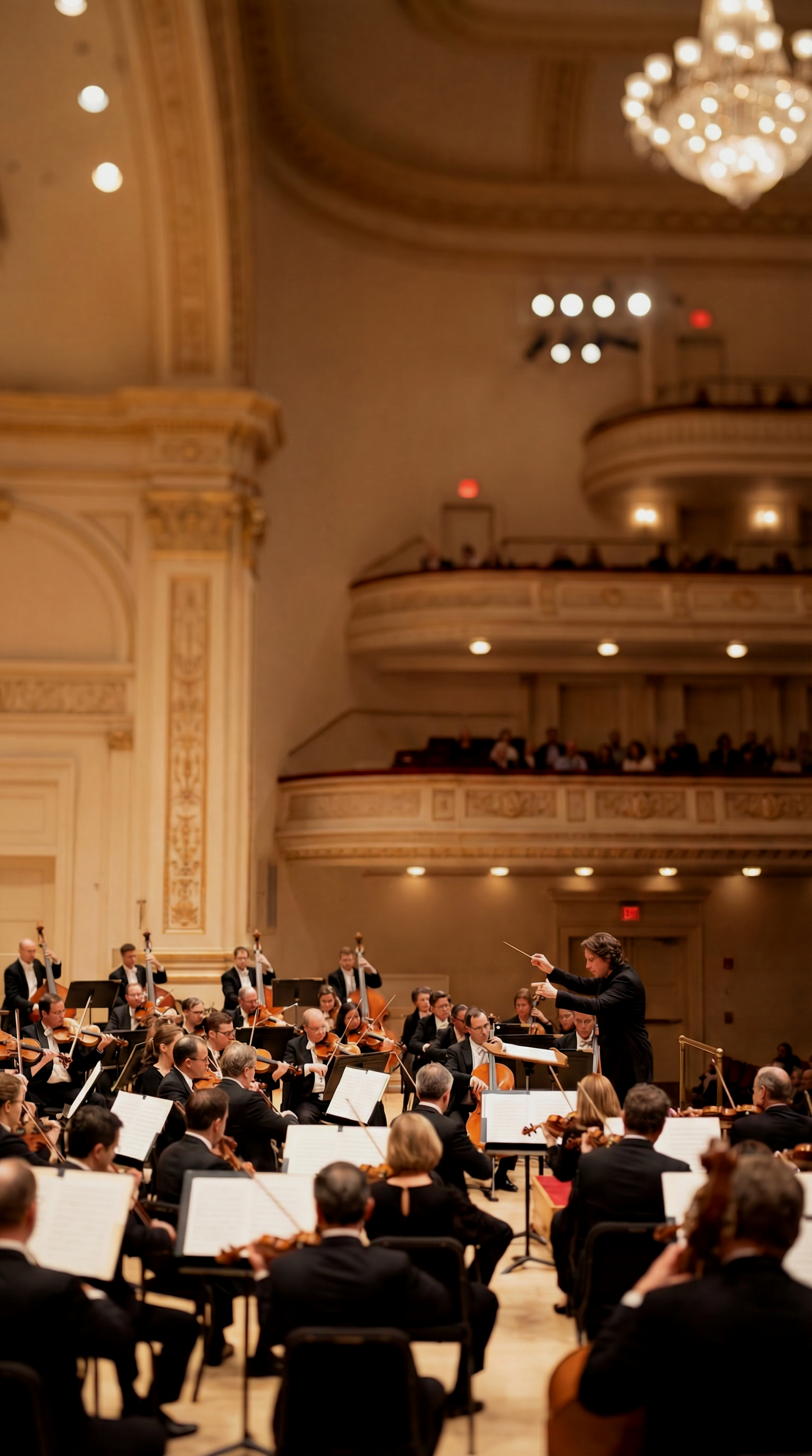 Orchestra performing on stage in a concert hall, with a conductor guiding the musicians.