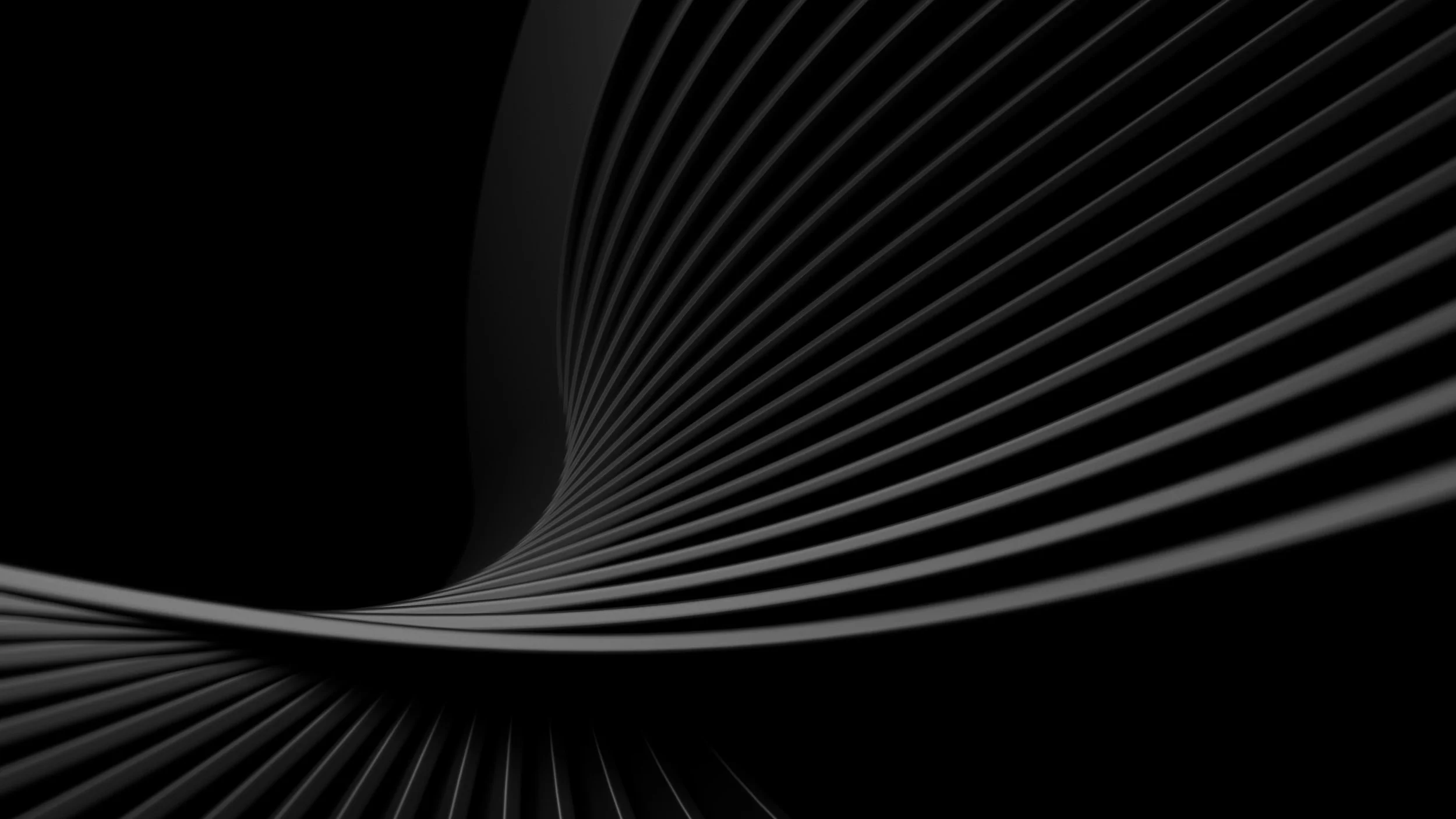 Abstract black and gray curved lines creating a flowing wave pattern against a black background.