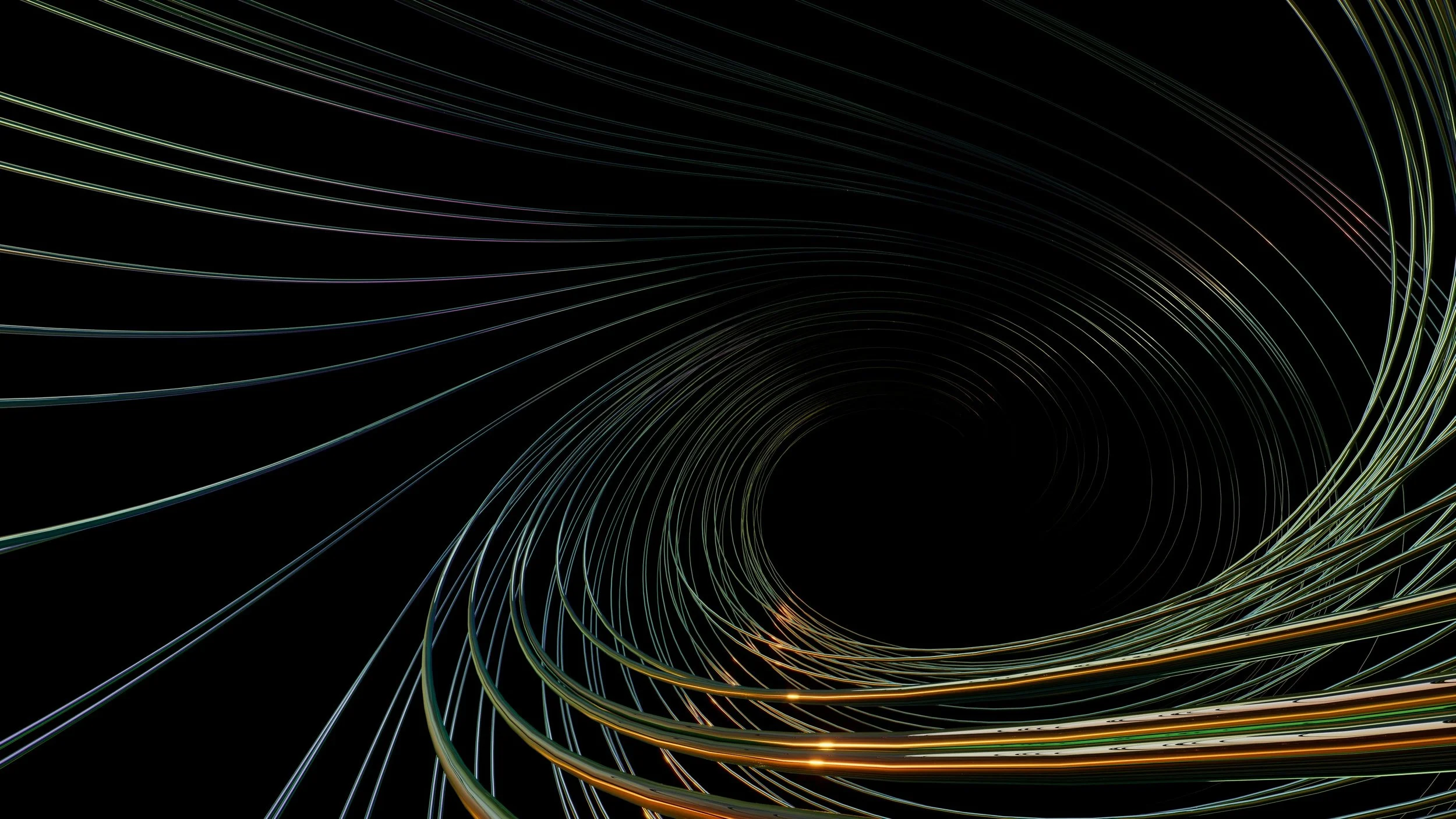 Abstract digital illustration of glowing, multicolored lines forming a swirling tunnel or vortex against a black background.