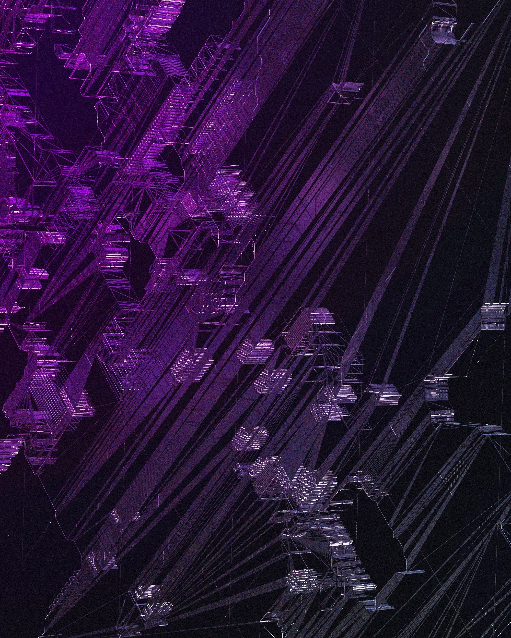 Futuristic digital art featuring purple wireframe skyscrapers and interconnected structures against a black background.