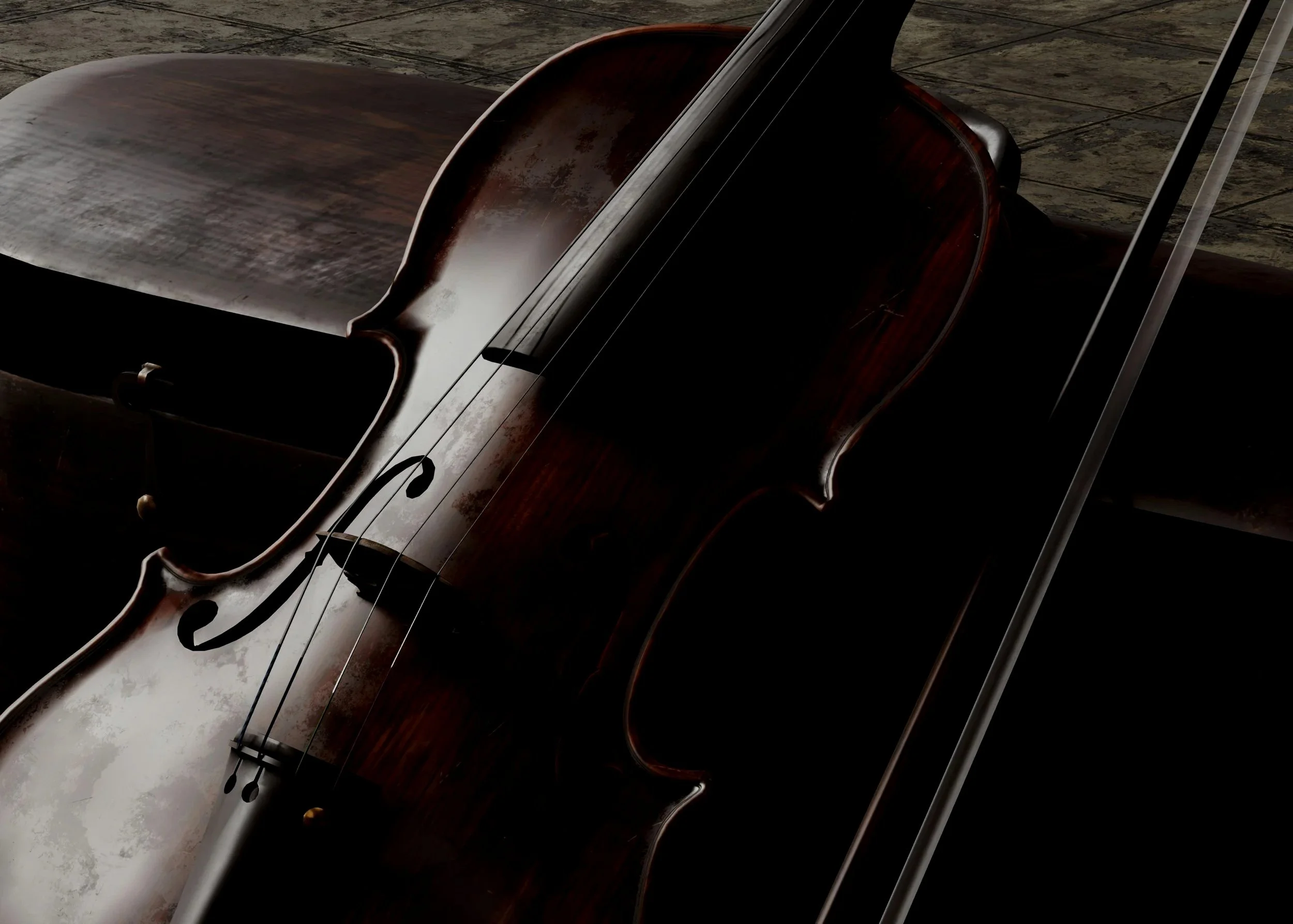 Close-up of a wooden cello lying on a surface, with the strings and f-holes visible.