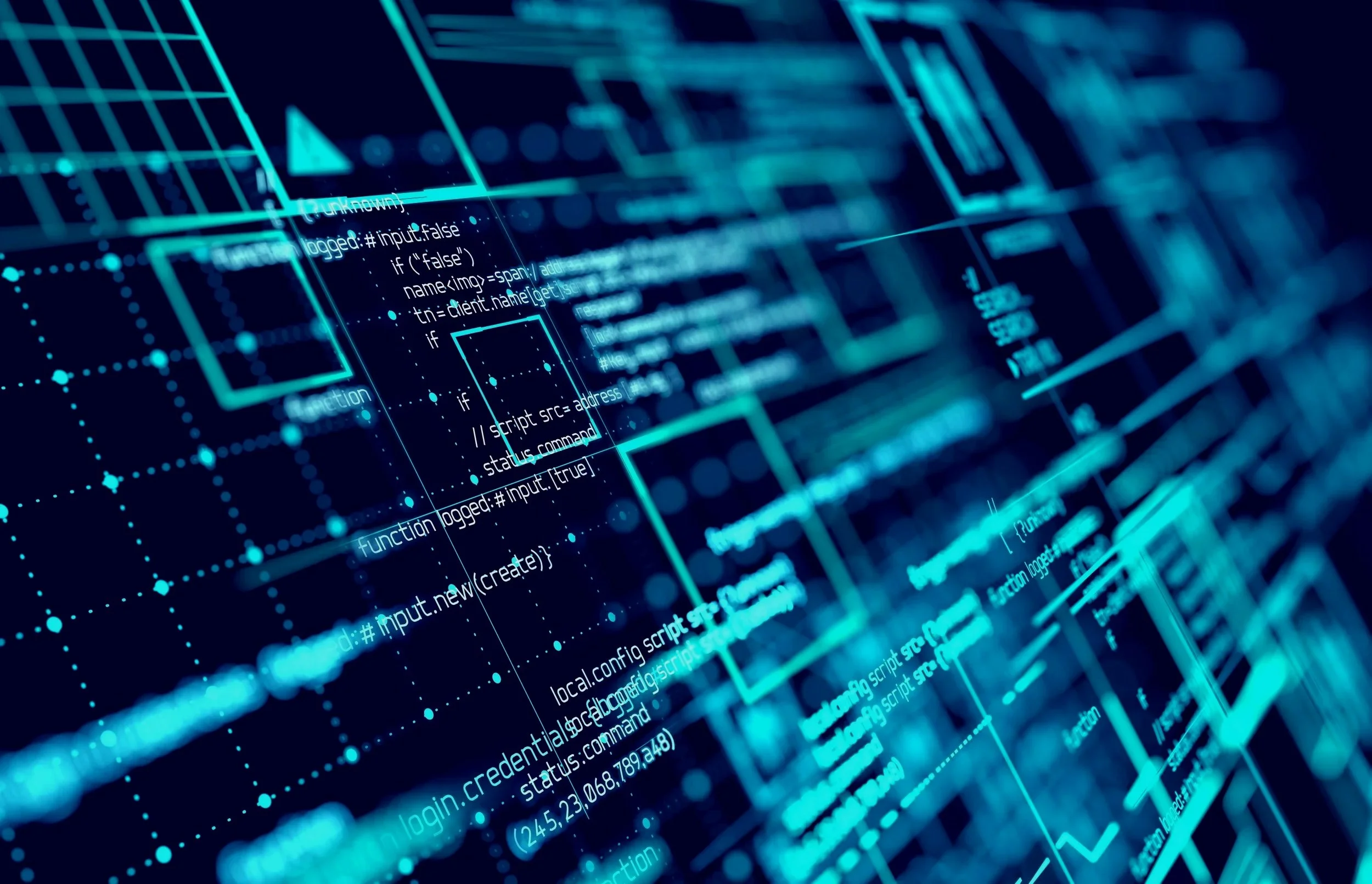 Digital image of computer code and graphical interface elements in blue, representing programming and data visualization on a dark background.