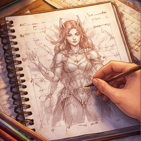 Hand sketching a fantasy female character with animal ears on a spiral-bound sketchbook, surrounded by colored pencils.
