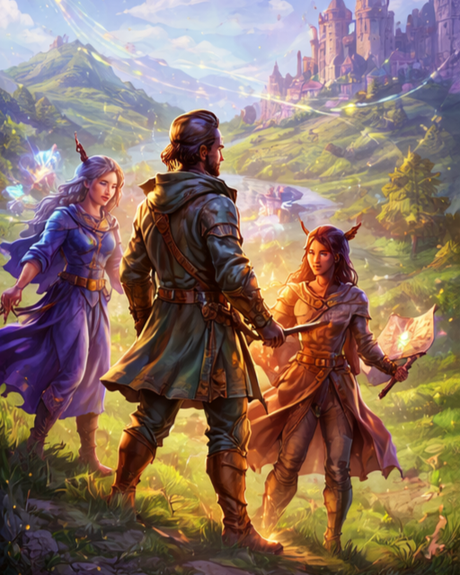 Fantasy scene with three characters in front of a castle and lush green hills. One character with a sword is leading, flanked by two others, one with a staff and the other with a glowing crystal. Bright, magical lighting and a colorful landscape.