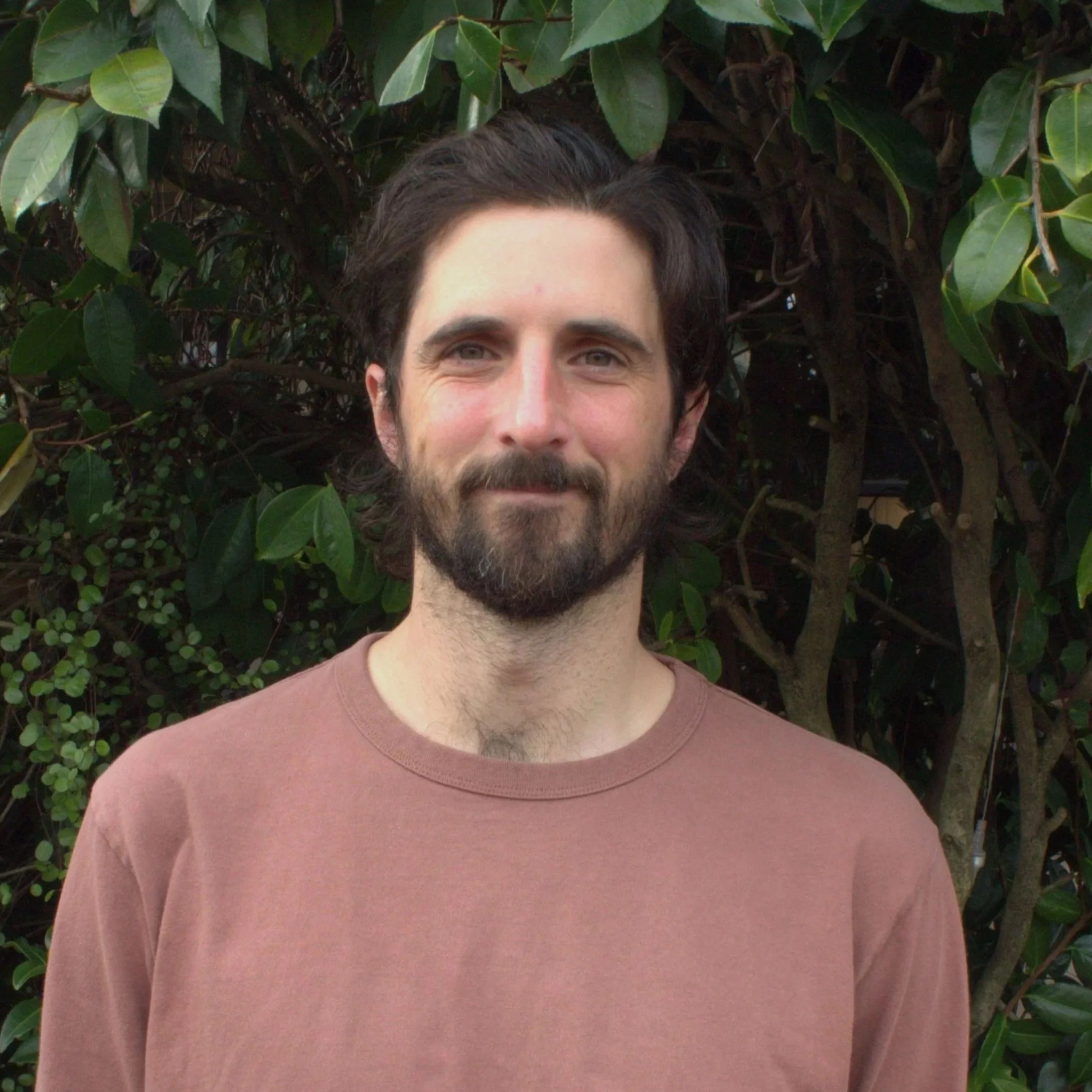 A man with dark hair, a beard, and a mustache, wearing a maroon shirt, stands in front of leafy green bushes.