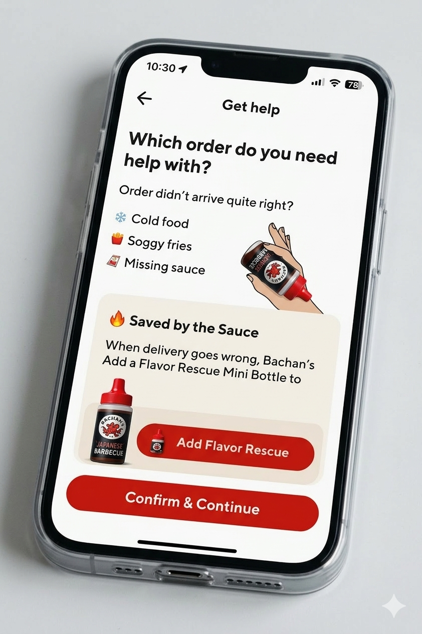 Don’t love cold food? 


DoorDash and Bachan’s team up to rescue delivery disasters. With one tap, a Bachan’s mini bottle is added to their next delivery, turning a disappointing meal into something delicious

