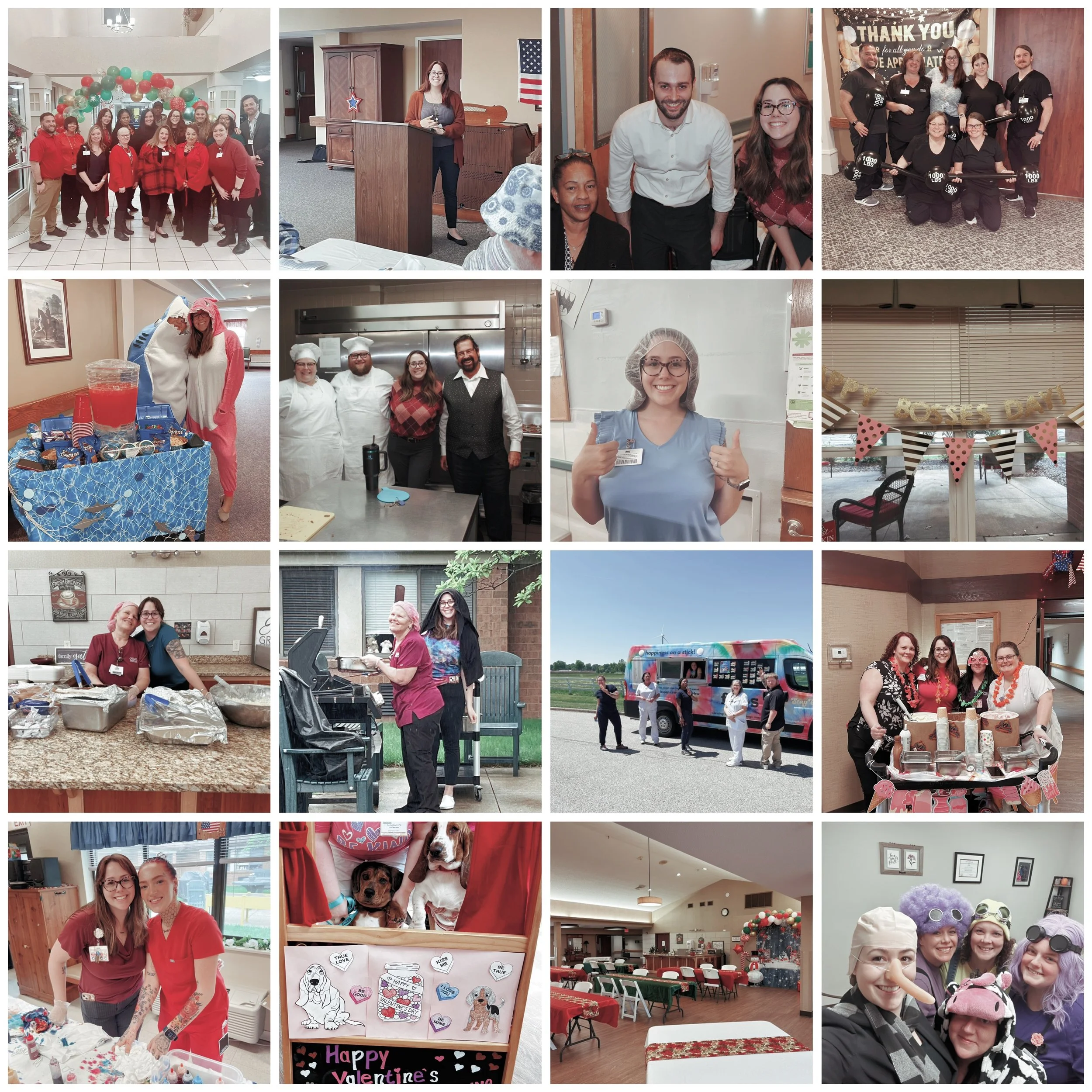 Multiple images of community gatherings and celebrations, including people dressed in costumes, at events in a banquet hall, kitchen, and outdoor setting, with decorations, food, and pets.