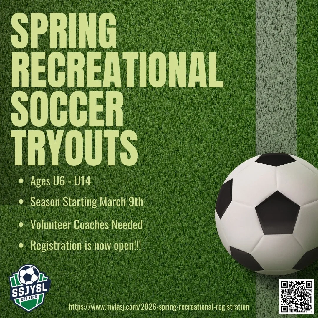 Ready to kick off spring soccer? 🌸⚽️
The Spring Recreational Season starts March 9th &mdash; open for U6&ndash;U14 players!
Come learn, play, and have fun. Volunteer coaches welcome! 🙌
Registration is open now &mdash; don&rsquo;t wait!

mvlasj.com/