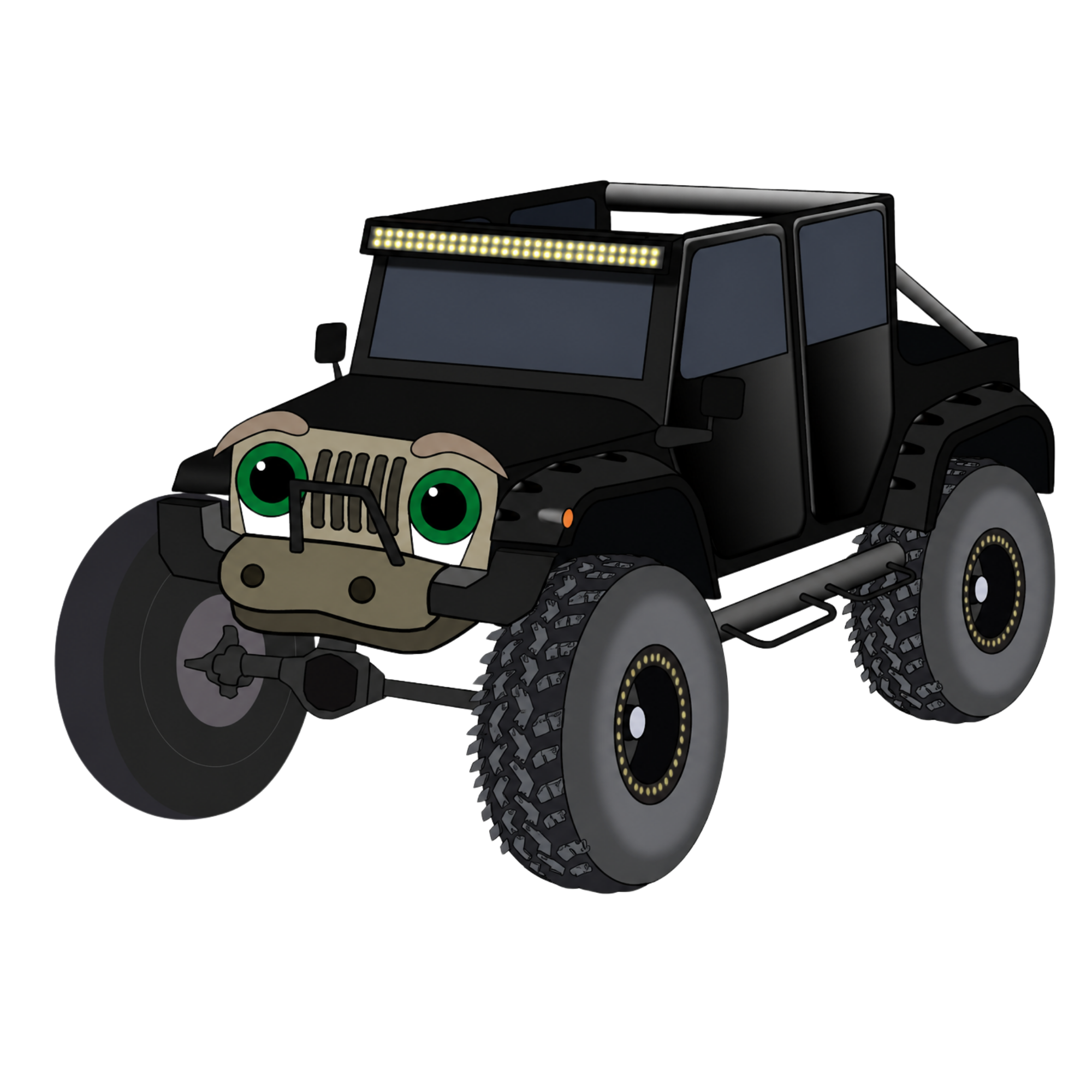 A cartoon black JK Jeep with big tires, front grill, green eyes, and a light bar on top.