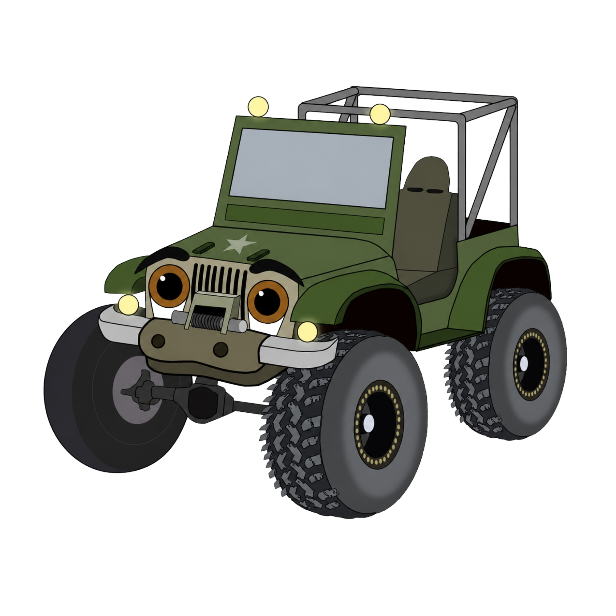 A cartoon green Willy jeep with large tires, lights, and headlight eyes.