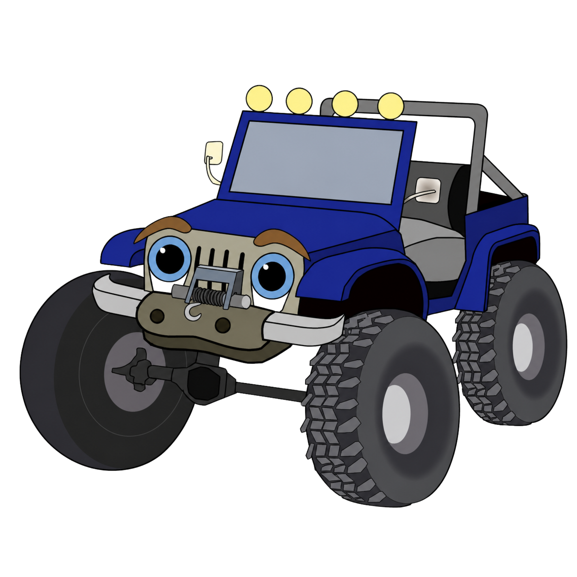 A cartoon illustration of a blue CJ jeep with large tires, a front grille with round eyes, and a brown bumper, equipped with a roof rack holding four yellow lights, and a side mirror.