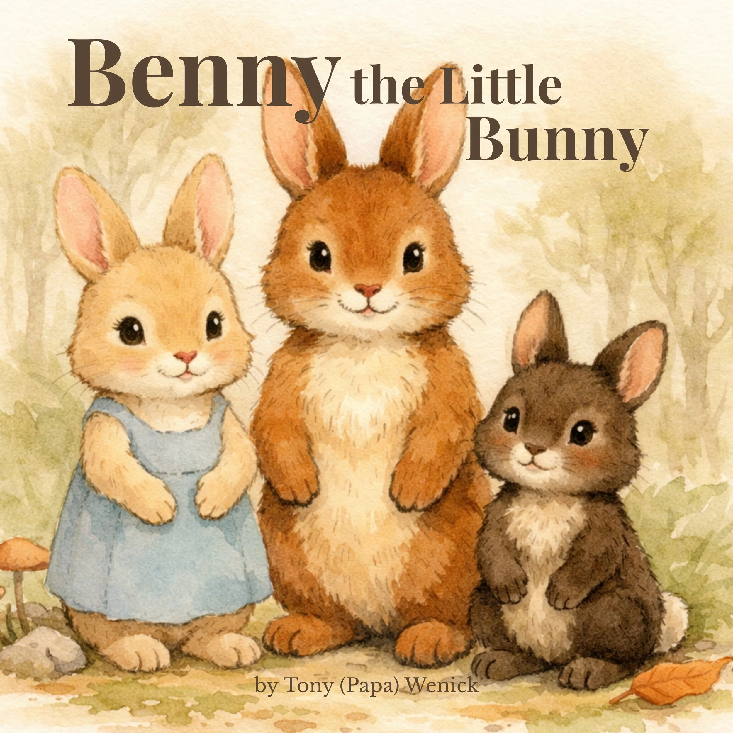 Cover of a children's book titled "Benny the Little Bunny" featuring illustrated bunnies on a textured background.
