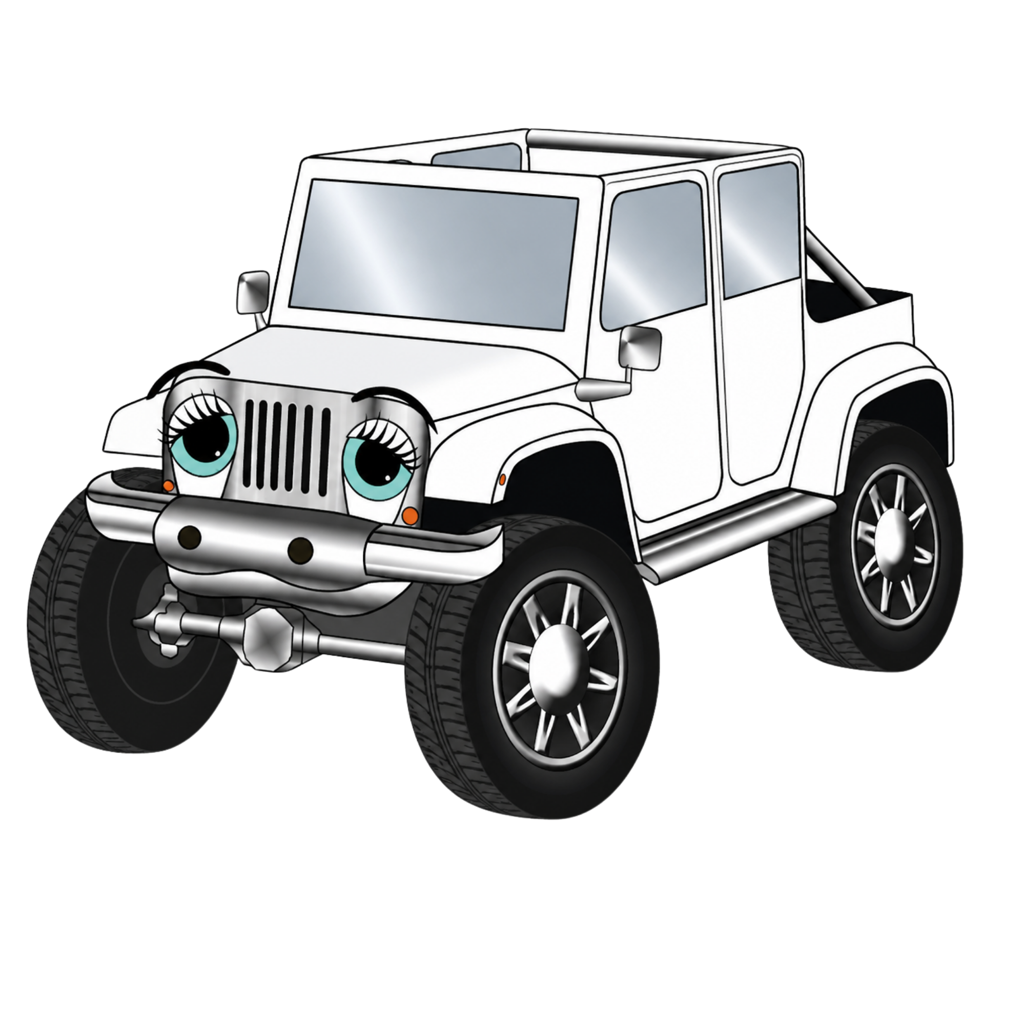 Cartoon white JKU Jeep with large blue eyes on the front grille, black accents, and shiny wheels.