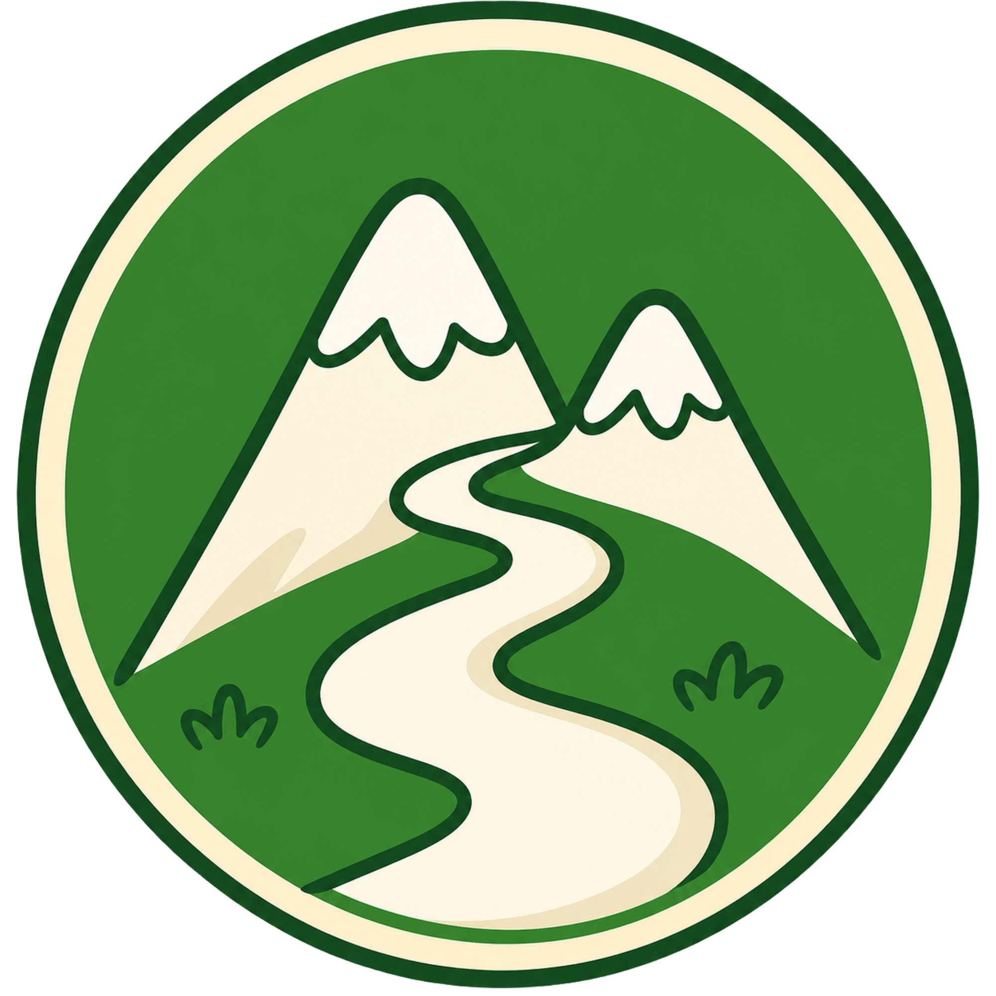 Circular logo with green border, featuring stylized white mountains, a winding river, and green trees.