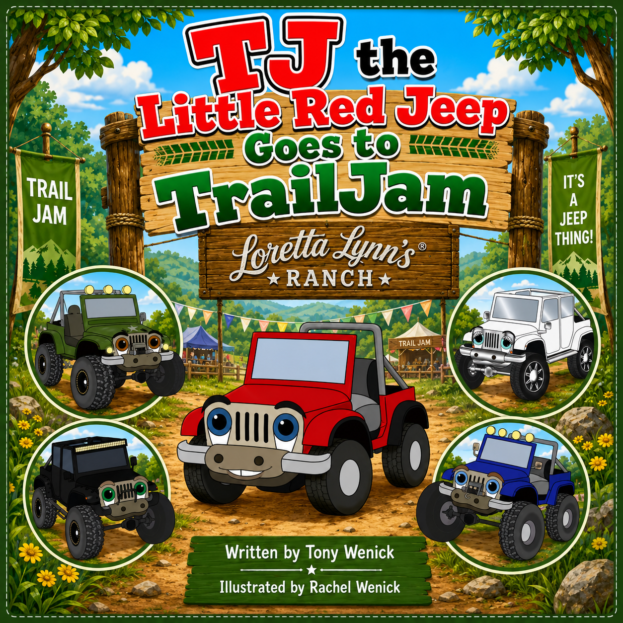 Colorful children's book cover titled 'TJ the Little Red Jeep Goes to Trail Jam' set in a countryside with trees, mountains, and a trail jam event. The cover features several cartoon jeeps in different colors: red, white, black, blue, and green, with smiling faces. Background shows tents, banners, and a trail jam sign.