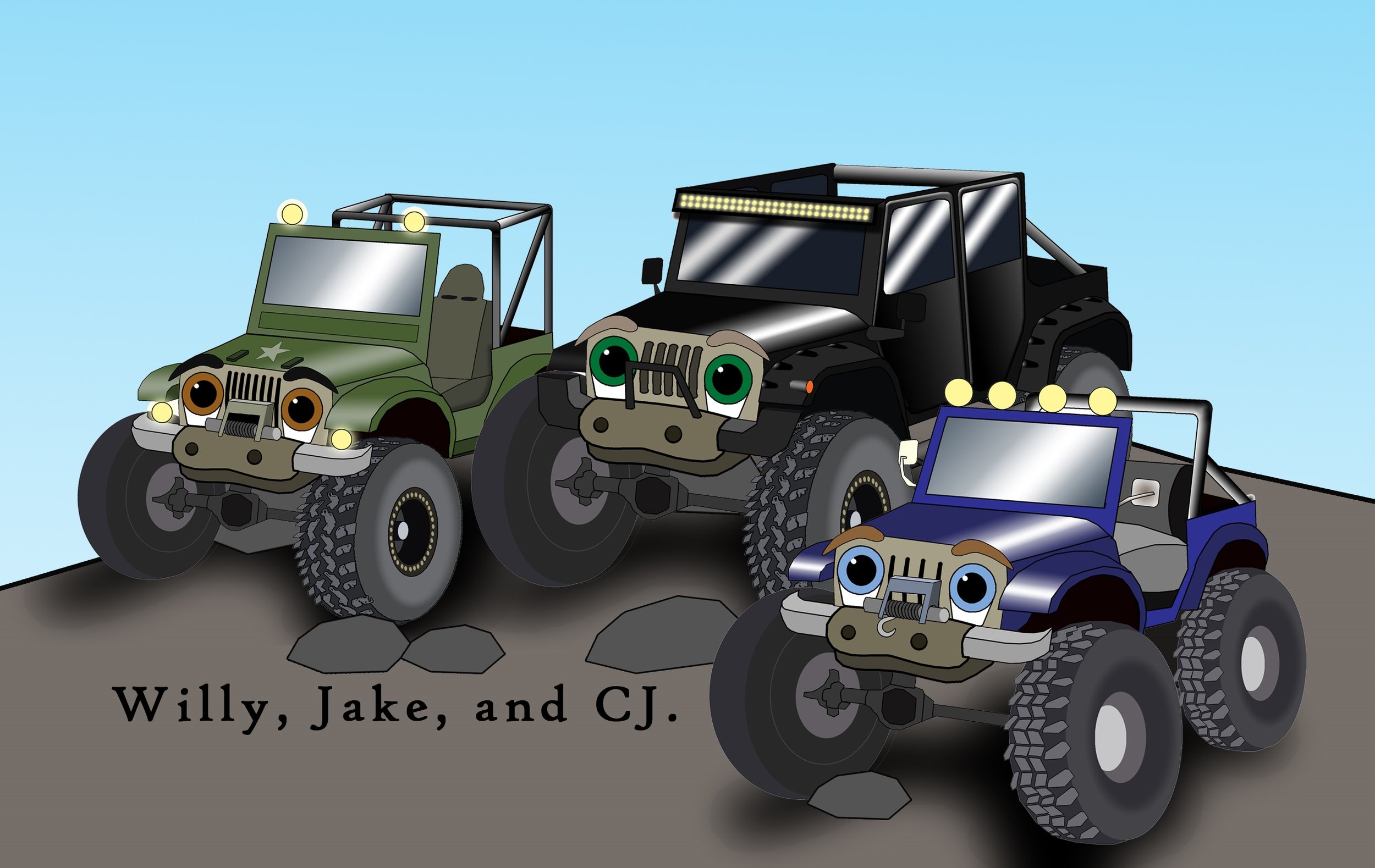 Cartoon image of three off-road vehicles, each with animated facial features, on a rocky terrain with a clear blue sky. The vehicles are green, black, and blue, and have lights on their roofs. Text at the bottom reads "Willy, Jake, and CJ."