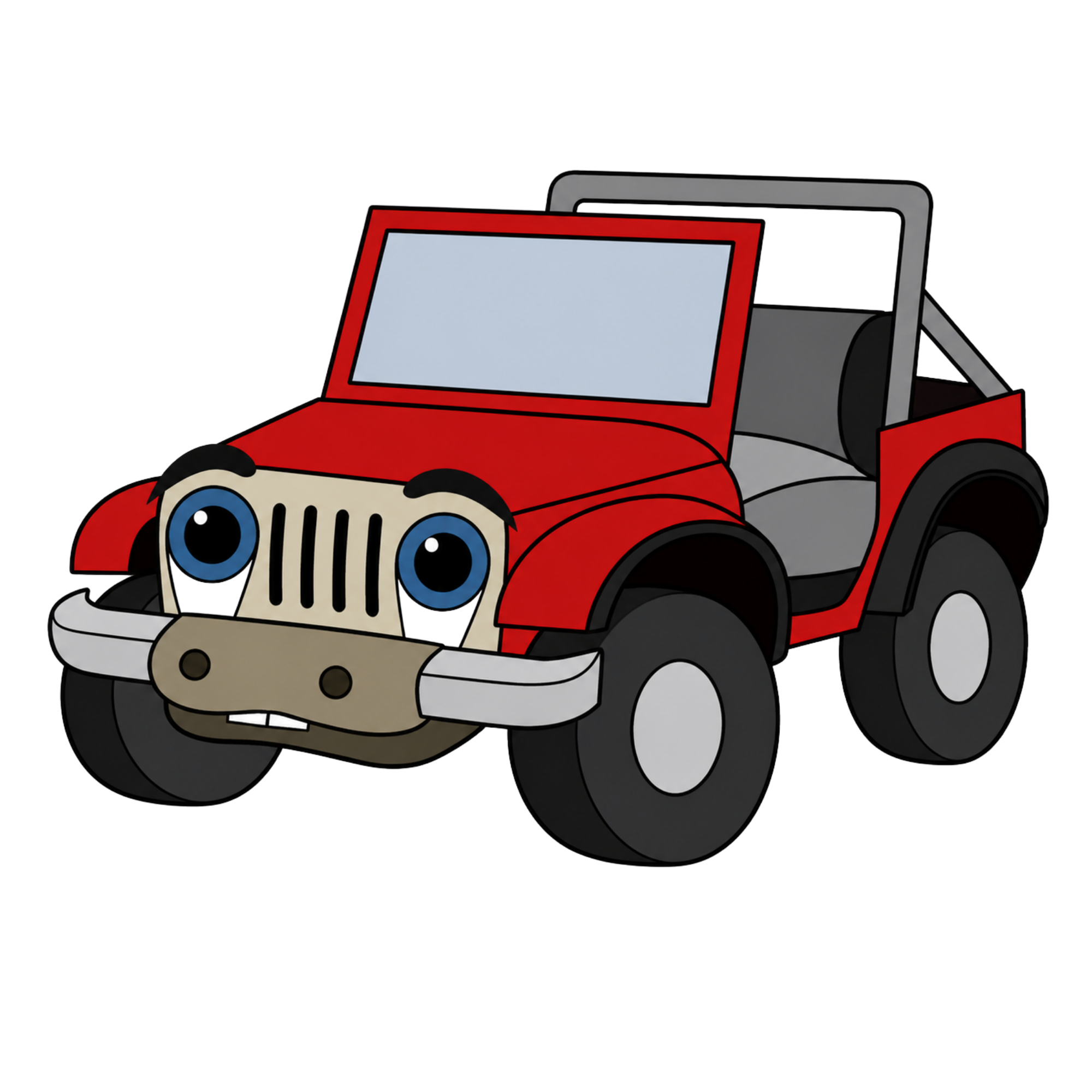 A cartoon red TJ jeep with blue eyes as headlights and a smiling grille, with a black background.