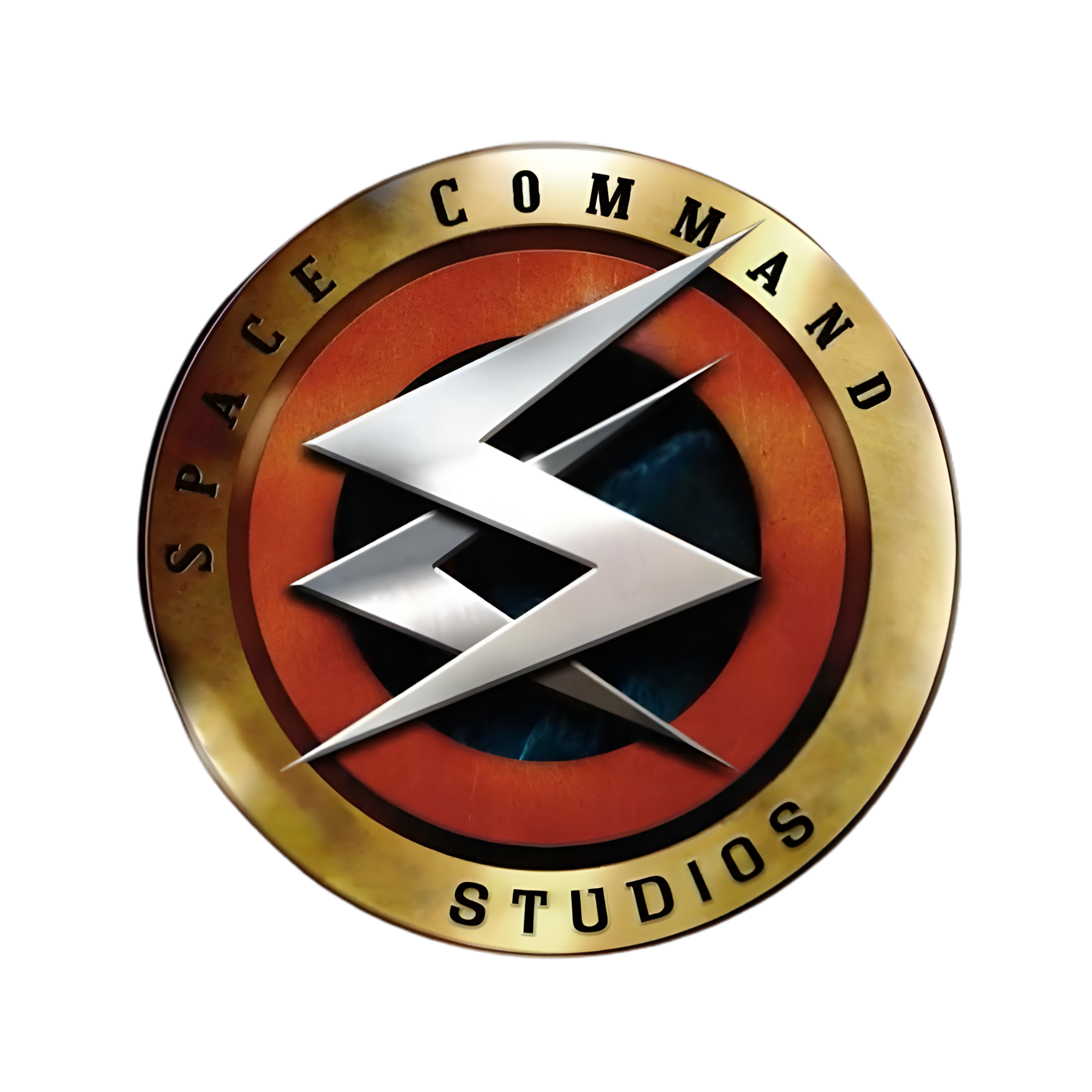 A circular logo with a gold border and the words "Space Command Studios" around it. The inner circle features a red background with a black center, and a stylized white lightning bolt crossing through the center.