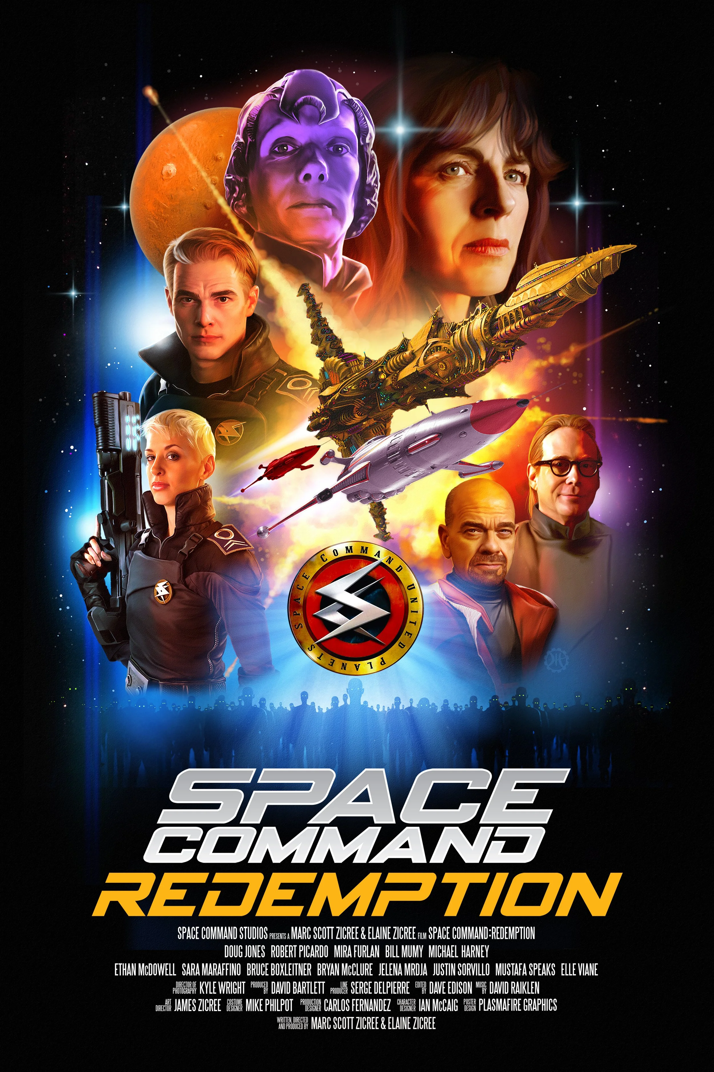Poster for Space Command 5: Redemption featuring multiple characters, a spaceship, a planet, and a space battle scene.