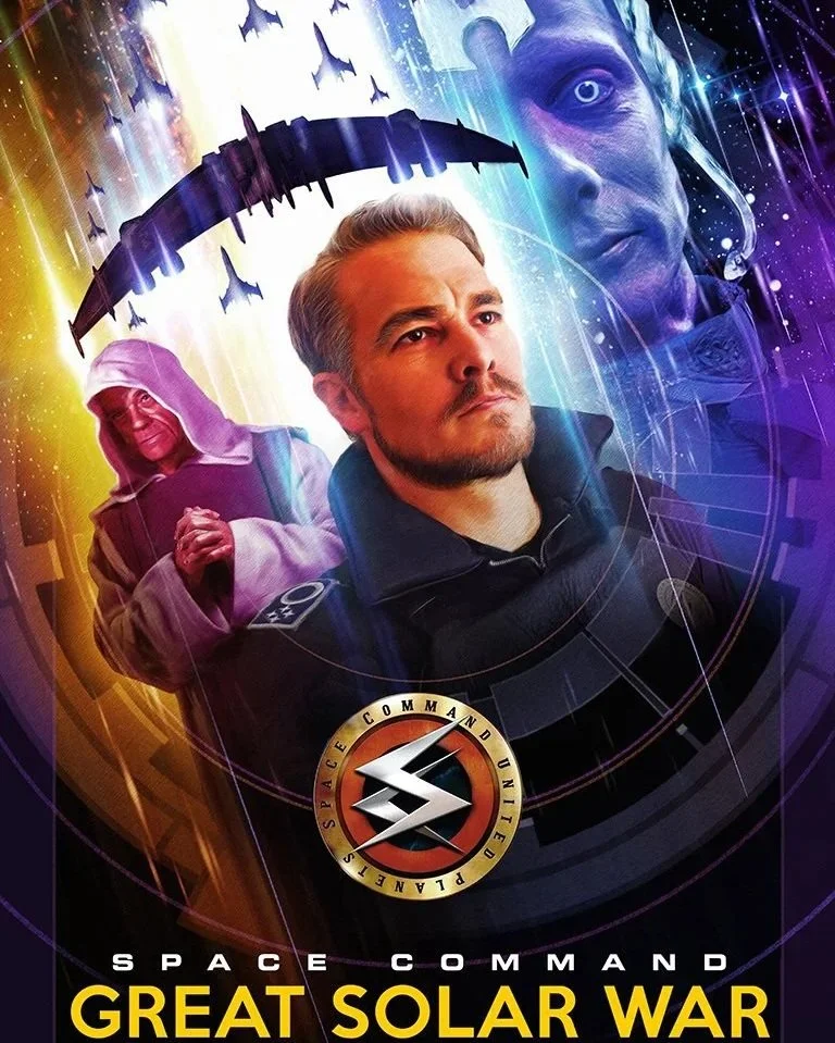 A poster for the movie 'Space Command Great Solar War' featuring a man in a military uniform in the foreground, a woman with a headscarf praying behind him, and a large, stern face of a woman in the background. The poster has a sci-fi theme with a spaceship and cityscape in the background.