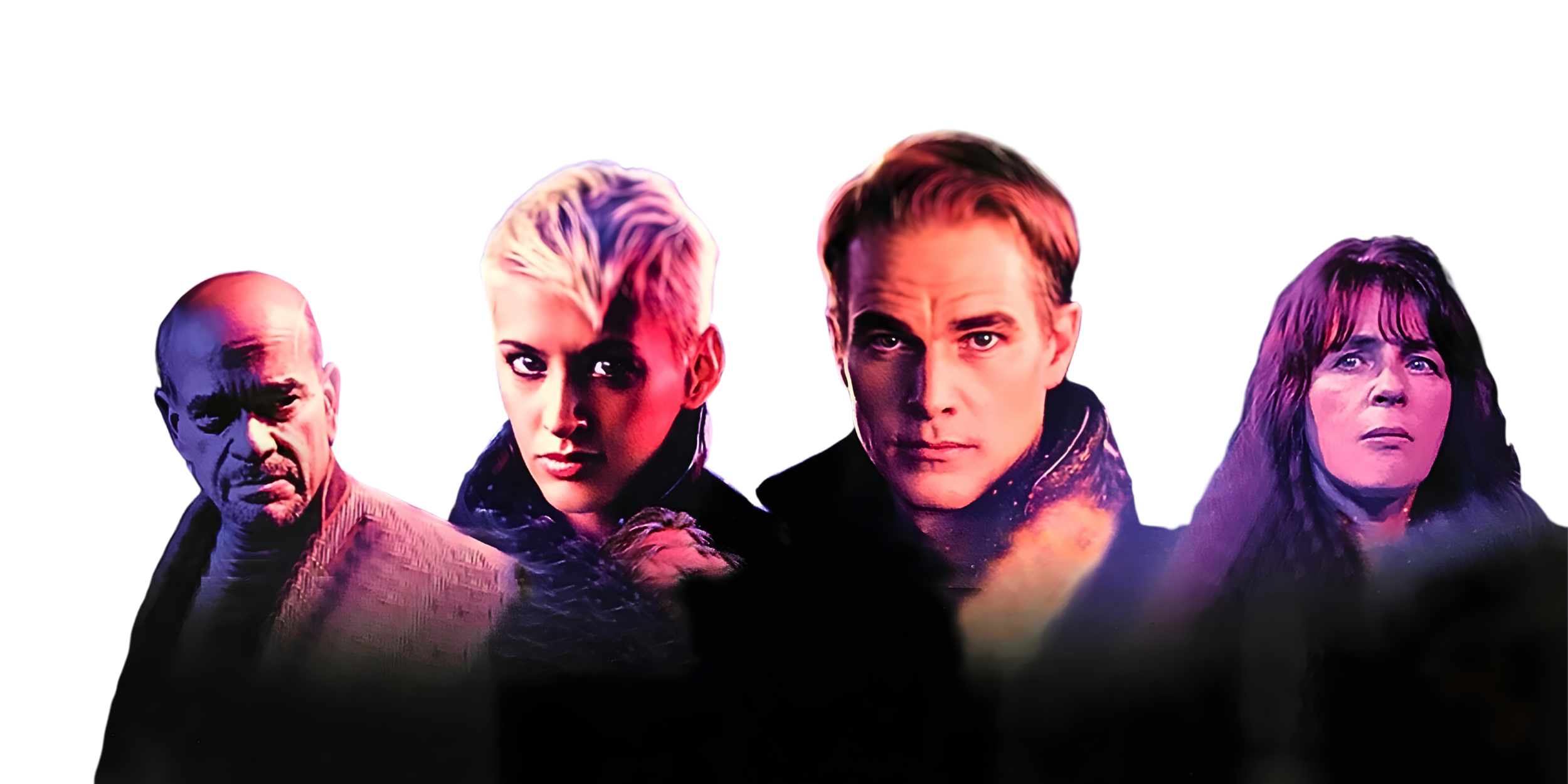 Colorful illustration of four characters from Star Trek, featuring a bald man, a blonde woman, a man with brown hair, and a woman with dark hair, set against a dark background.