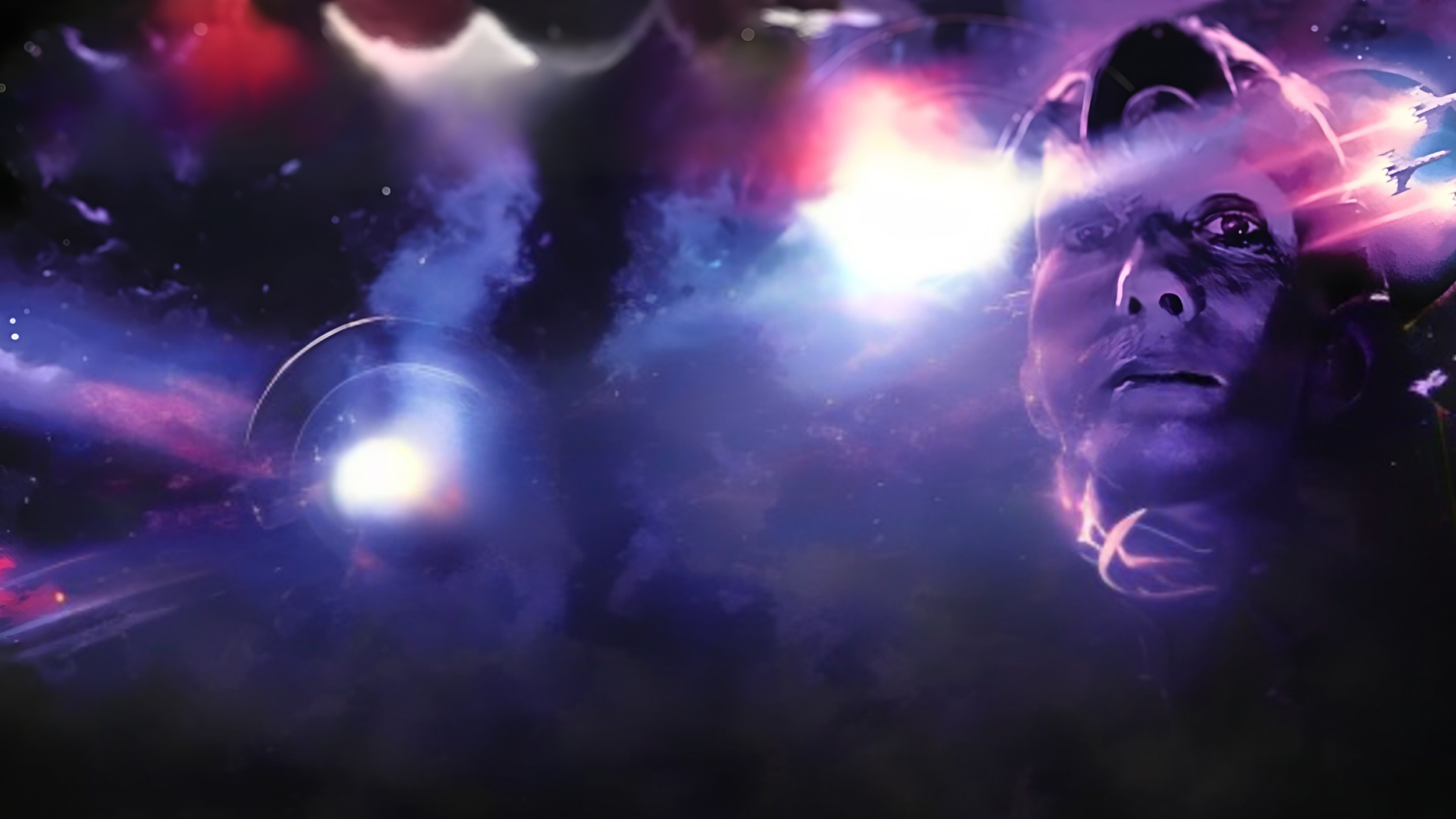 A digital artwork depicting a human face with surreal, cosmic elements and bright lights, set against a space background with stars and nebulae.