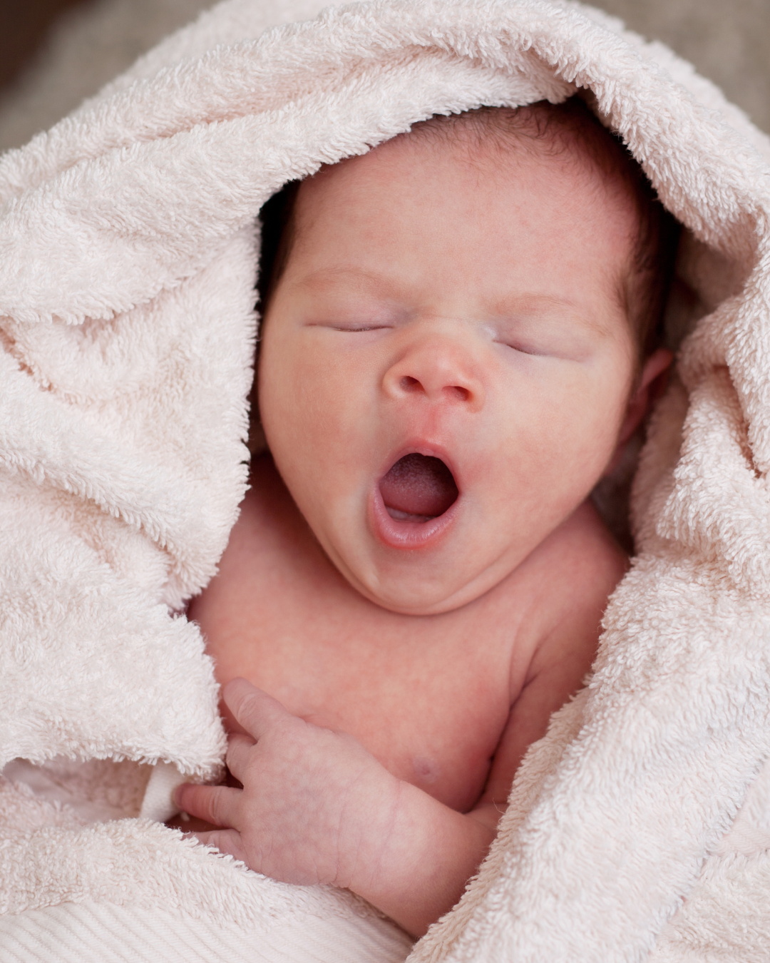 A baby newborn yawning, wrapped in a soft pink towel with a hood.