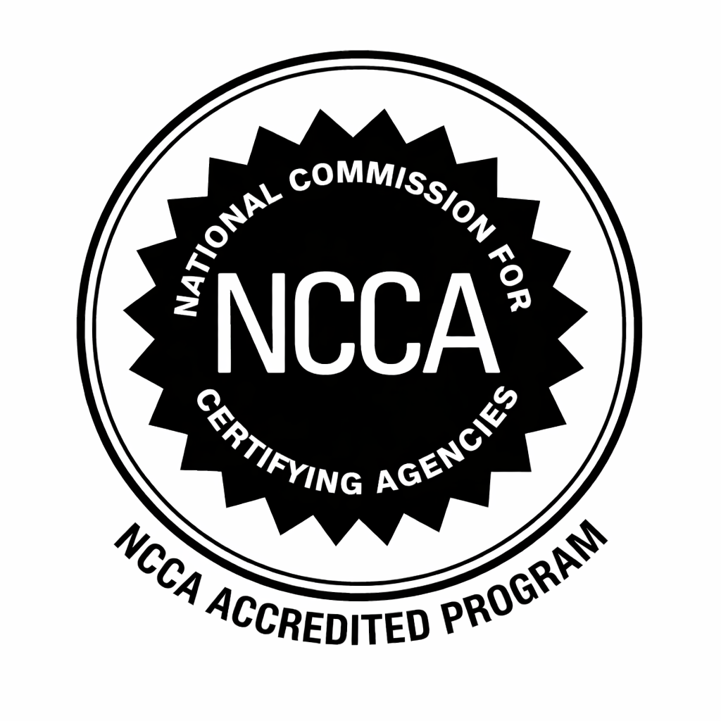 NCCA certification badge for the National Commission for Certifying Agencies, with a black starburst design and black text on a white background.