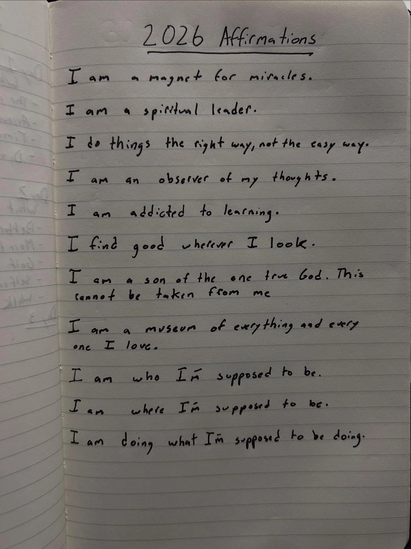 Handwritten notes titled '2026 Affirmations' with ten affirmations about being a miracle, spiritual leader, observer of thoughts, learner, and living true to oneself.