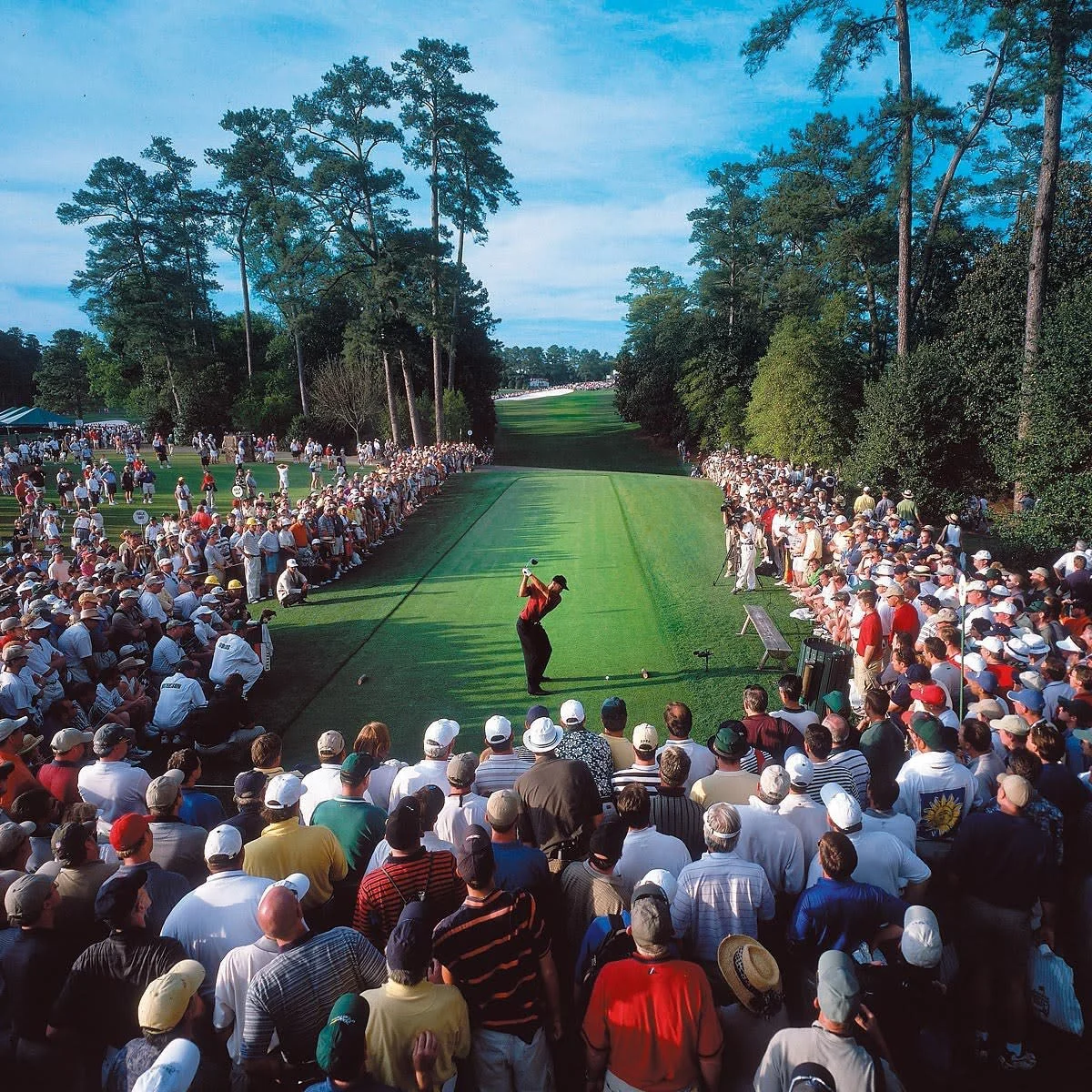 A golfer teeing off on a lush golf course with a large crowd of spectators gathered on both sides of the fairway.